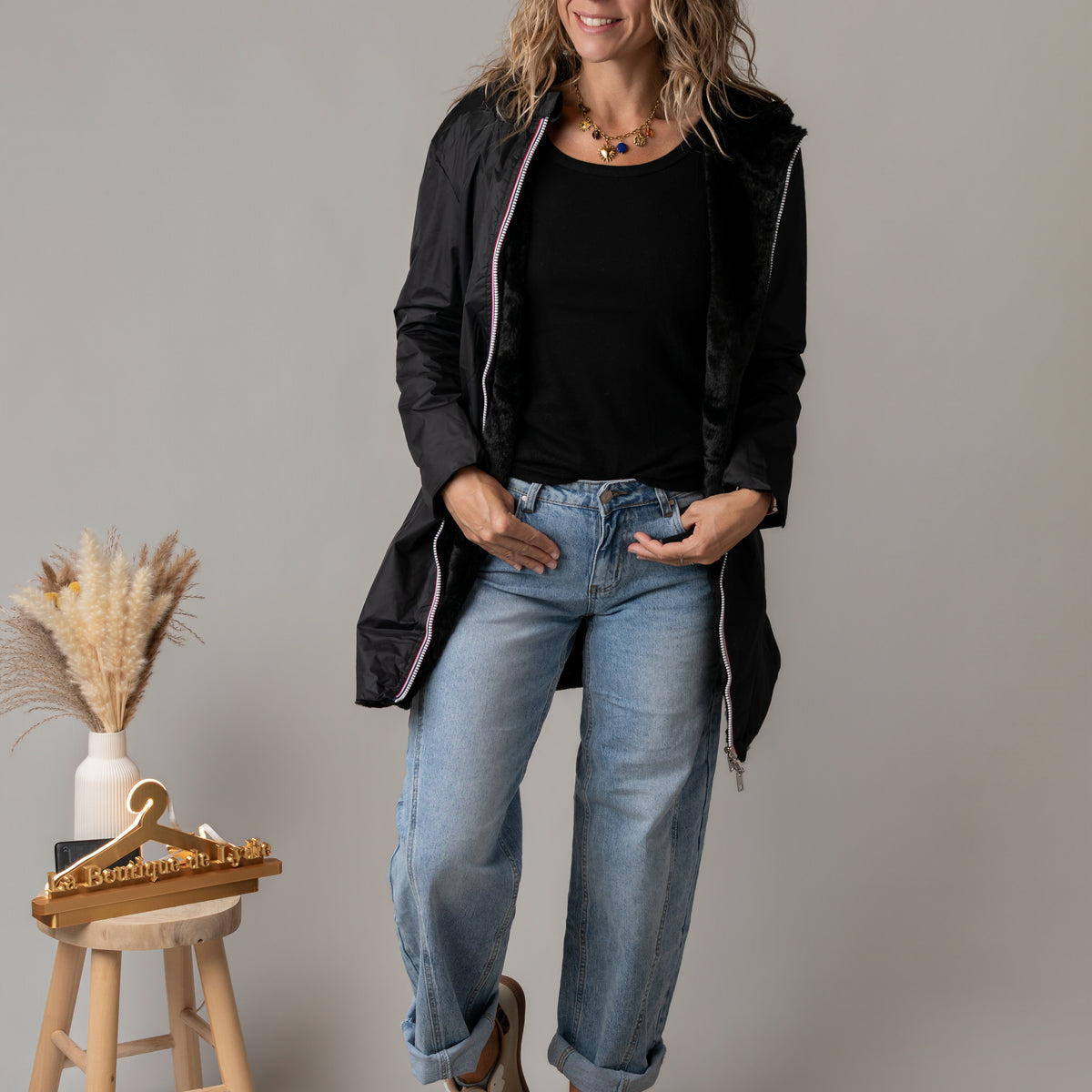 Parka noir imperméable mi longue réversible la boutique de lydie