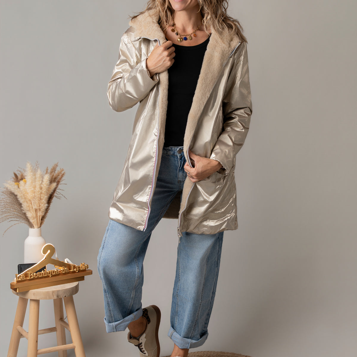 Parka or réversible fourrure beige