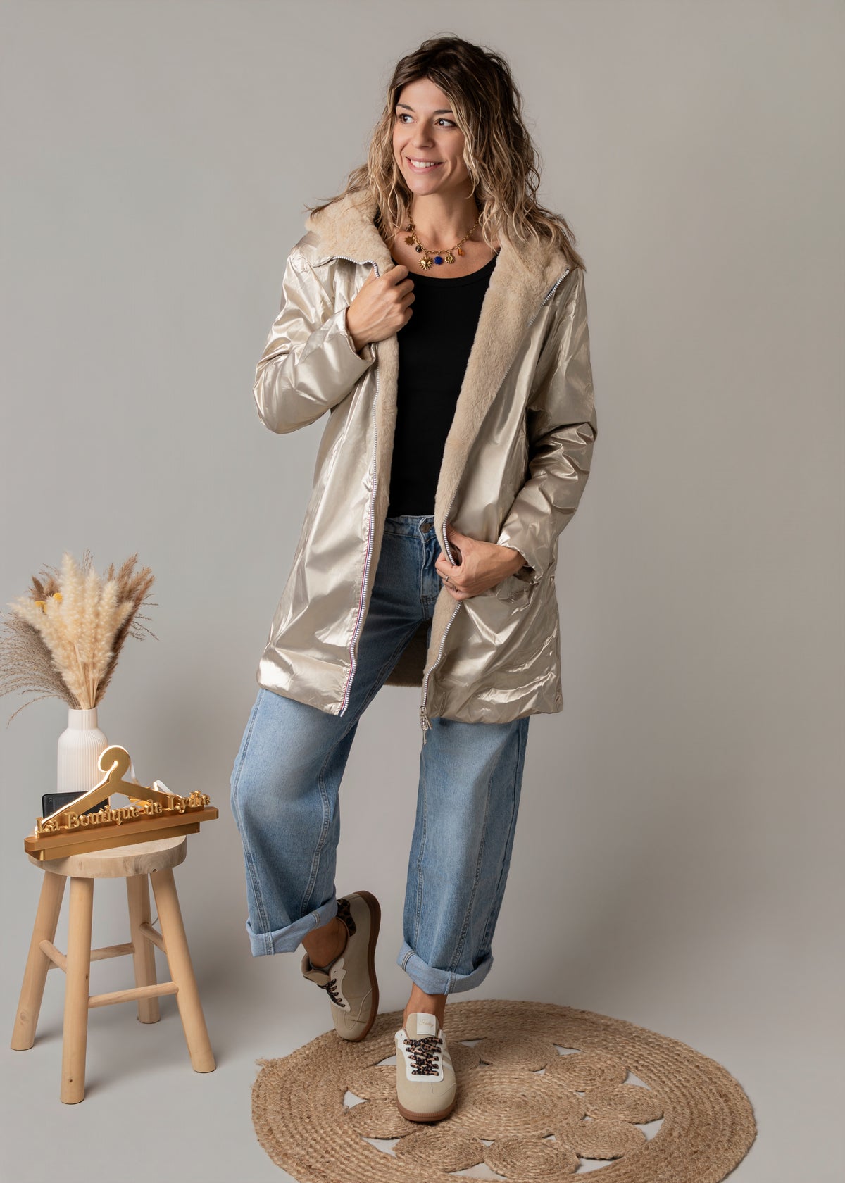 Parka or réversible fourrure beige