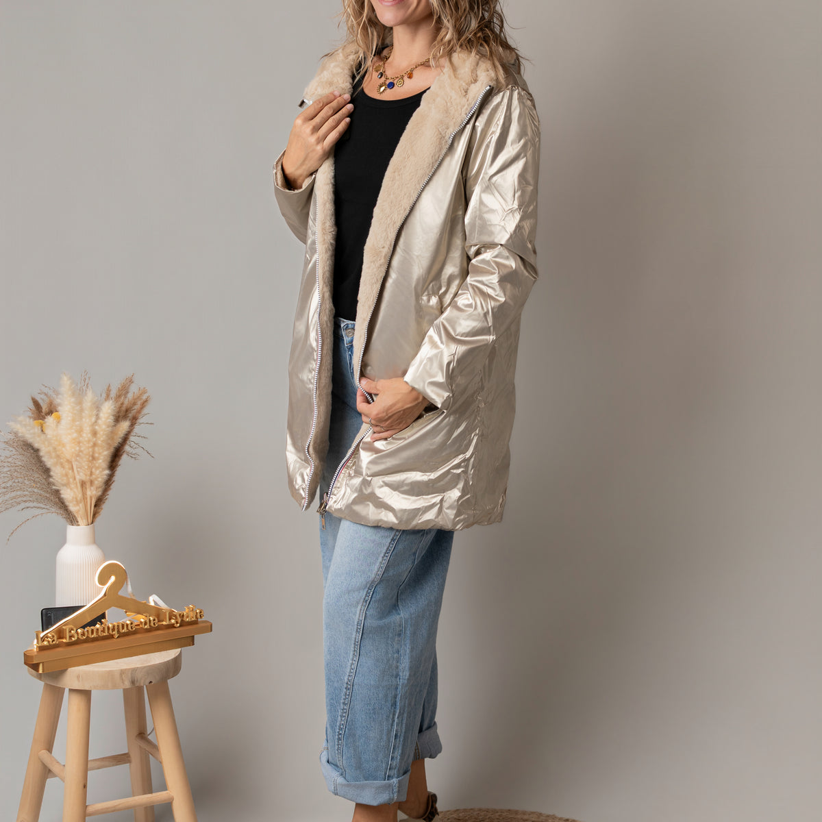 Parka or réversible fourrure beige