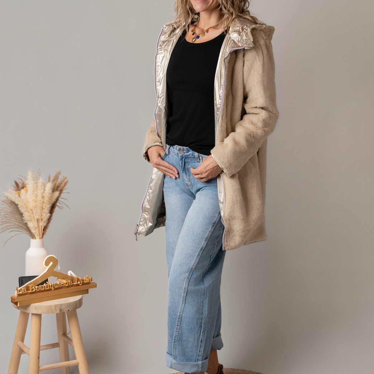 Parka or réversible fourrure beige