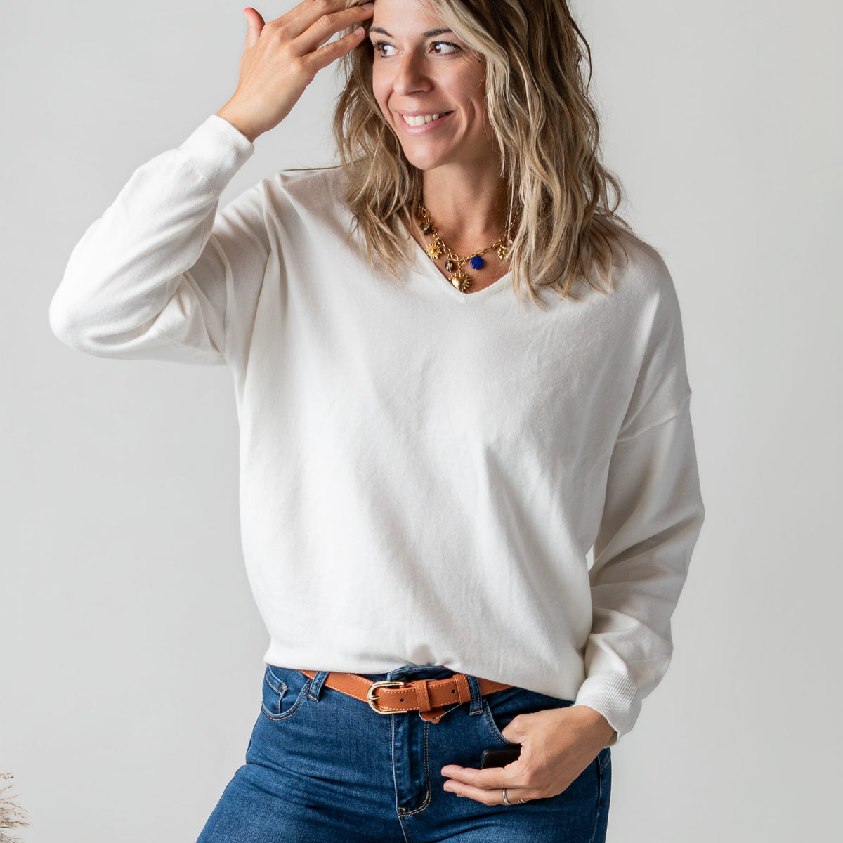 Pull fin écru cœur dentelle