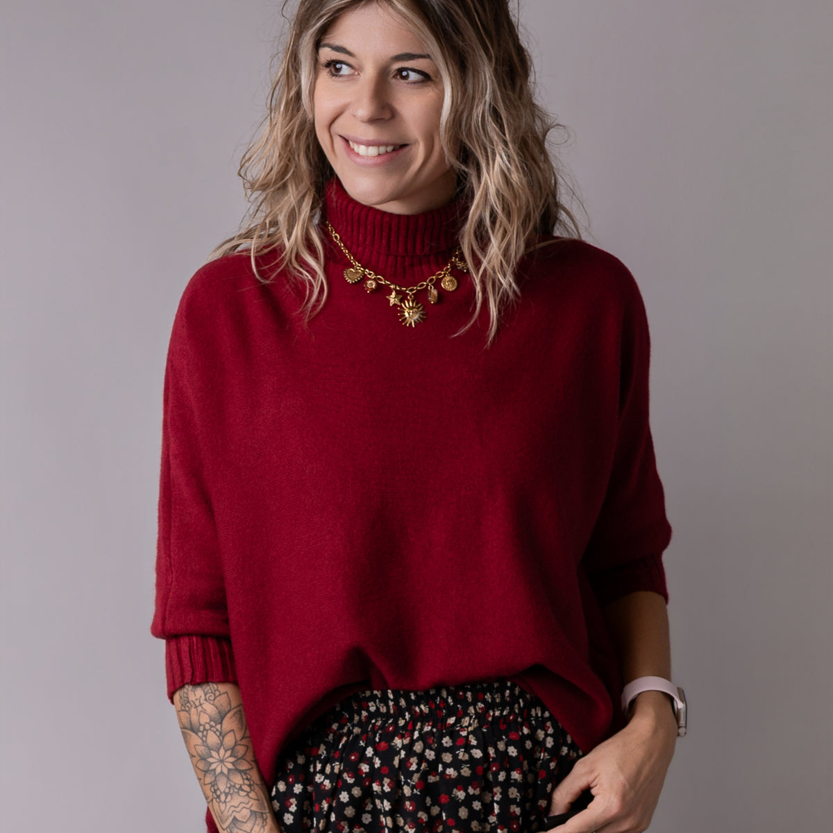 Pull col roulé en maille douce bordeaux boutique de Lydie