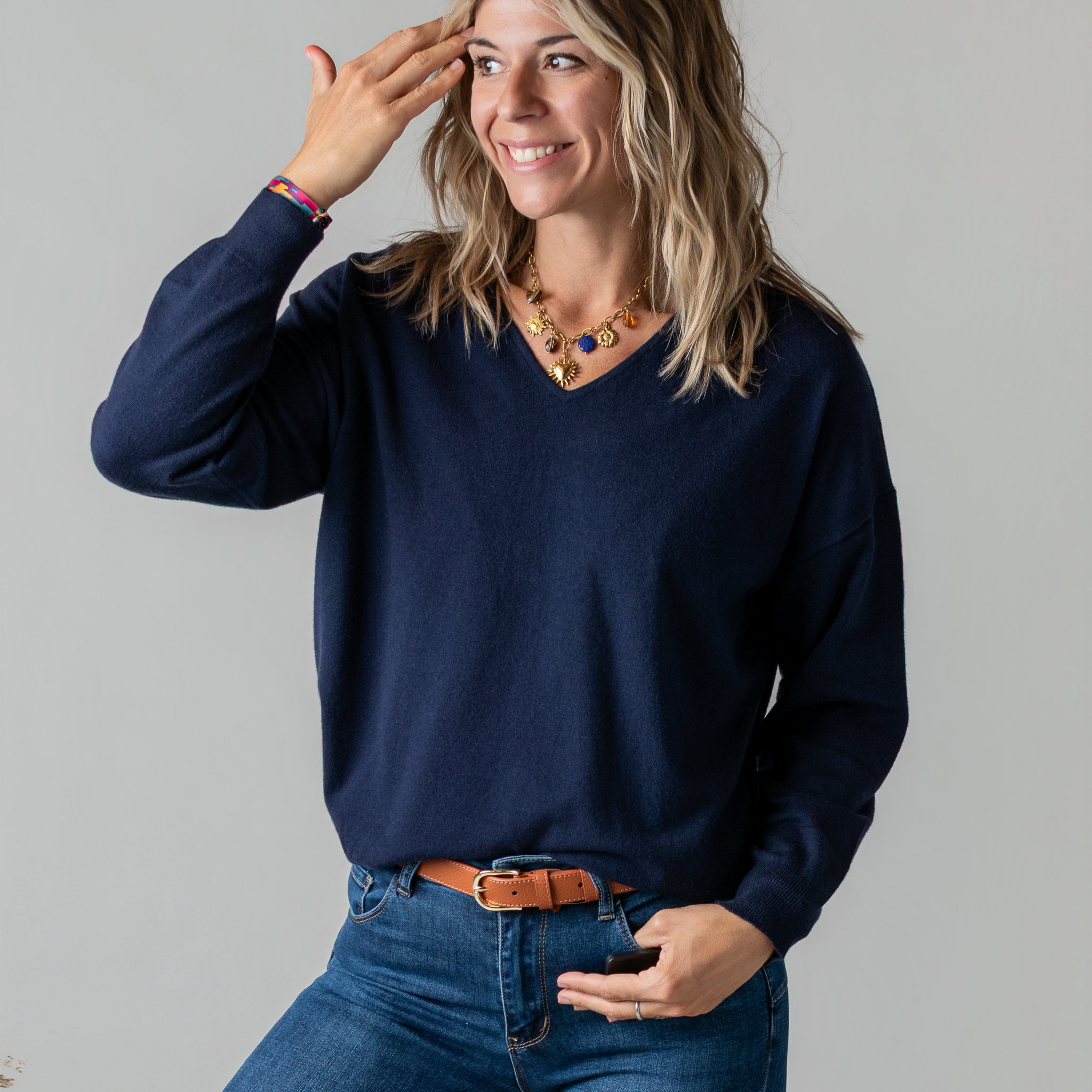 Pull fin marine cœur dentelle