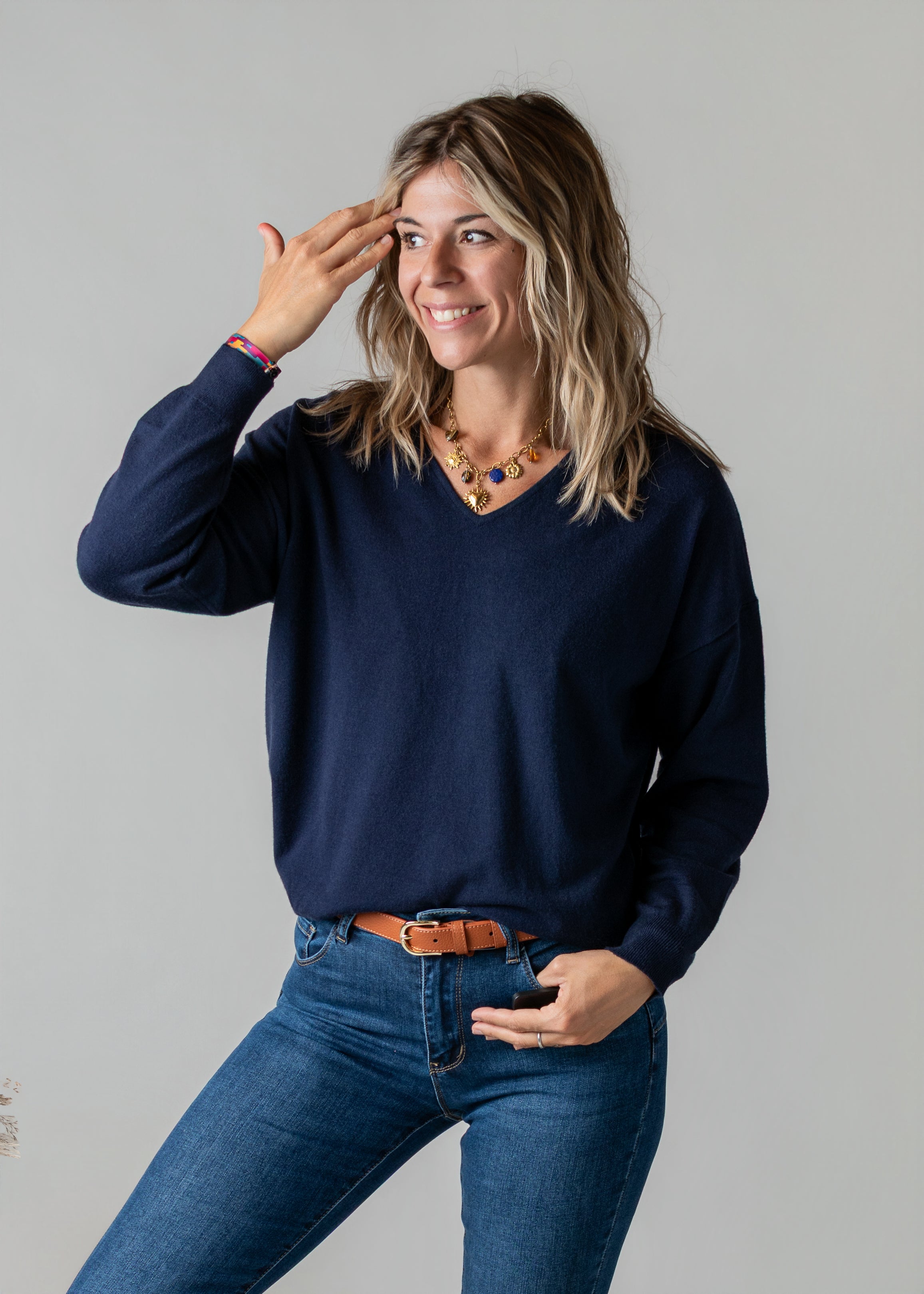 Pull fin marine cœur dentelle