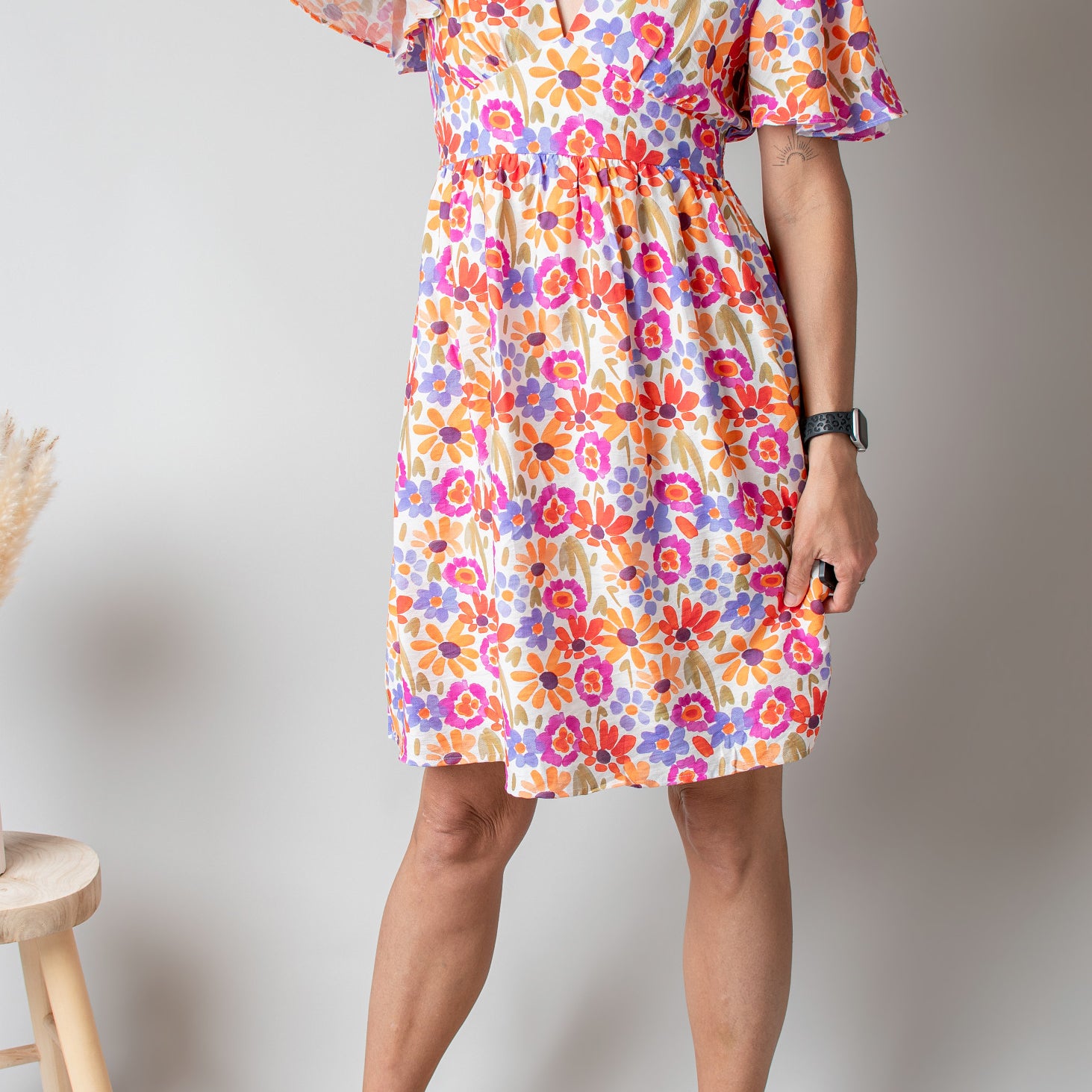 Robe Courte Fleurie Fuchsia & Orange