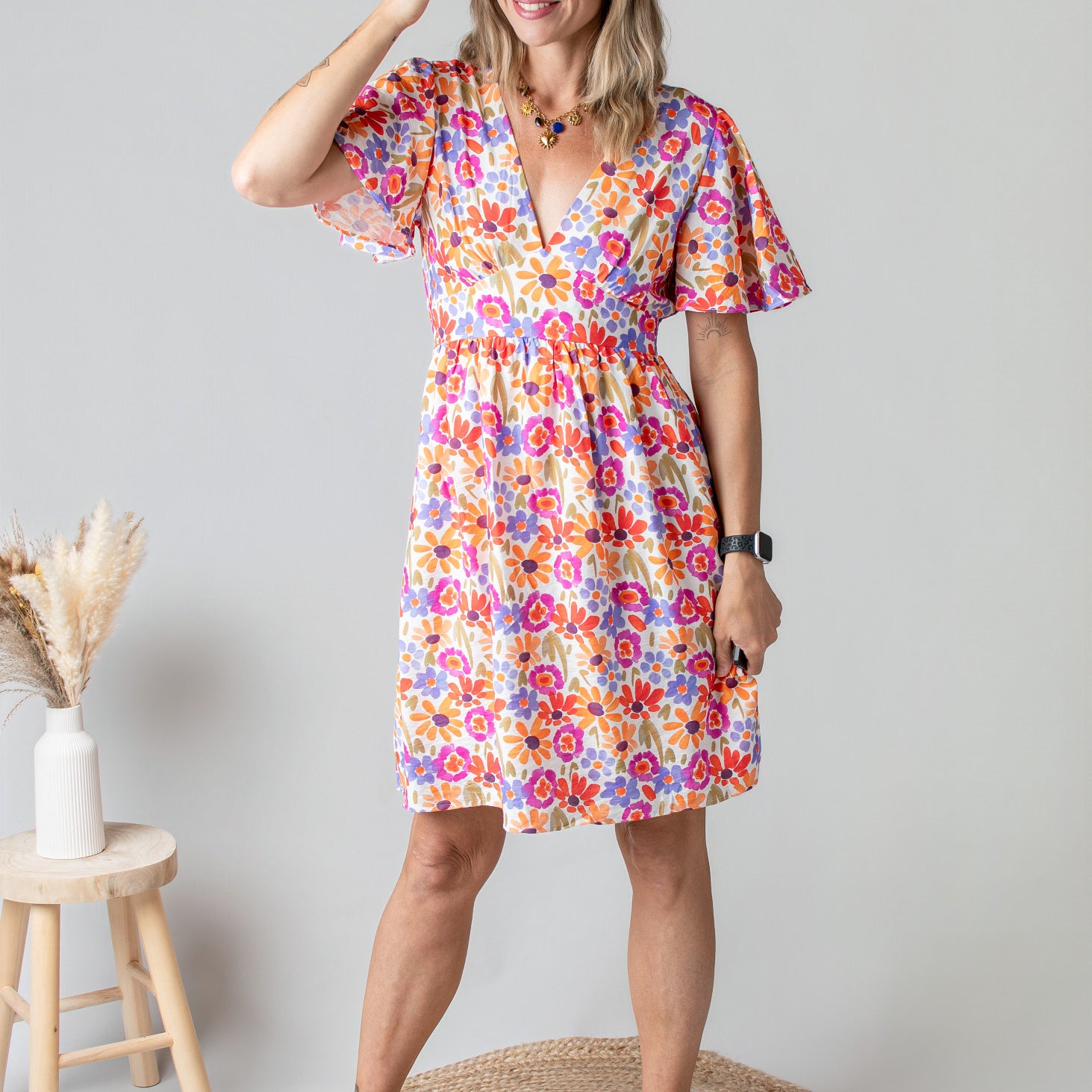 Robe Courte Fleurie Fuchsia & Orange