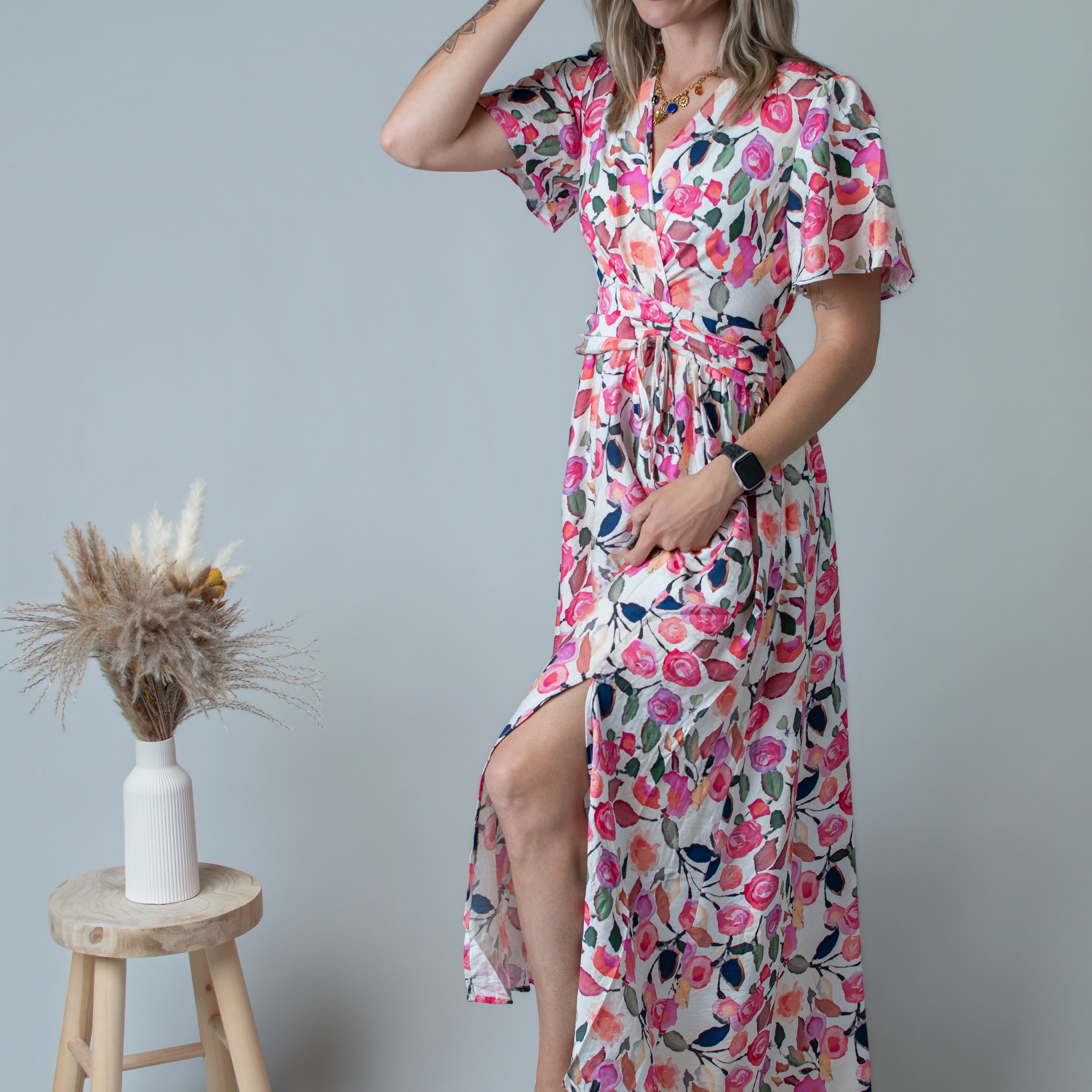 Robe Longue Fluide Fleurie rose la boutique de Lydie