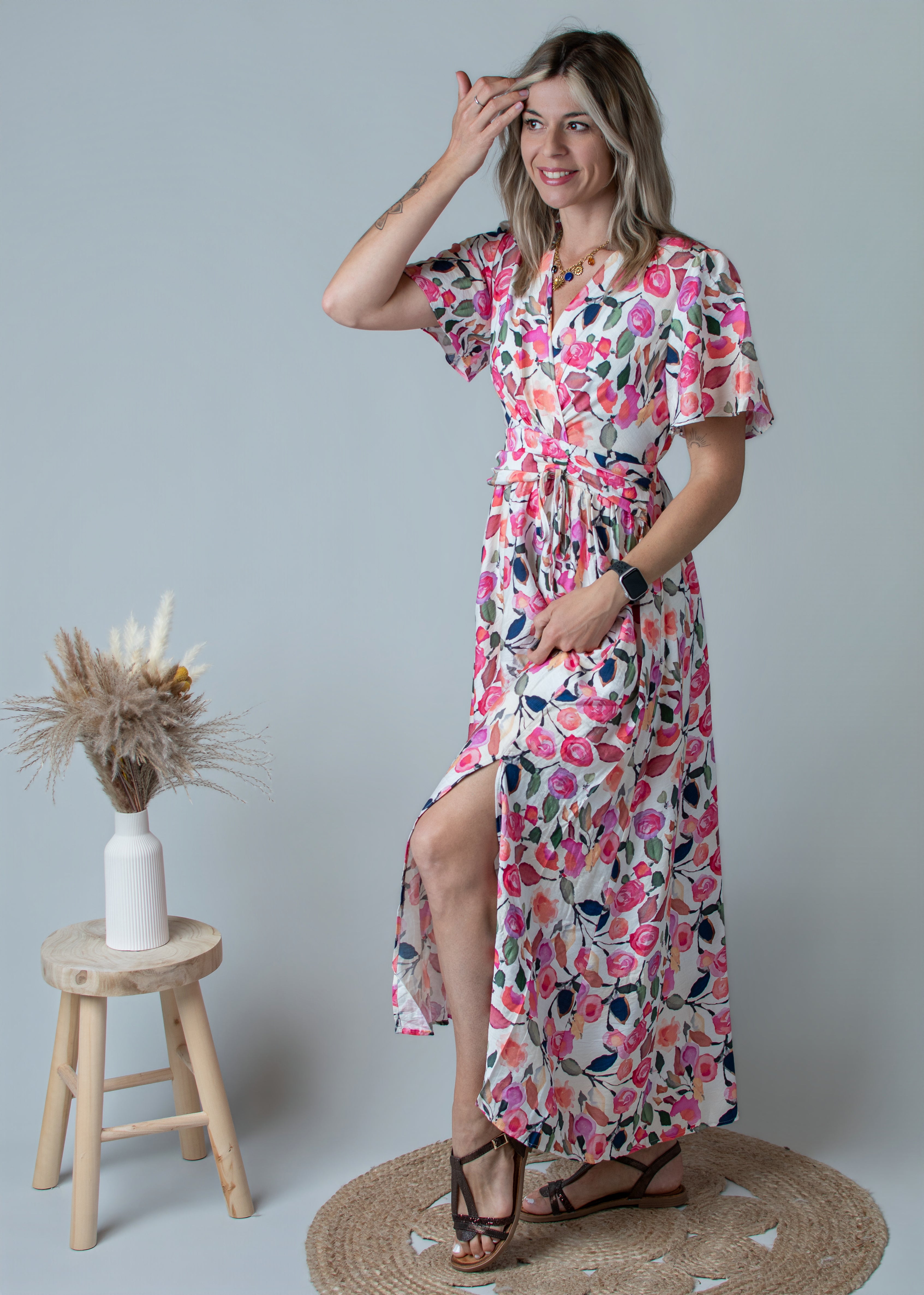 Robe Longue Fluide Fleurie rose la boutique de Lydie