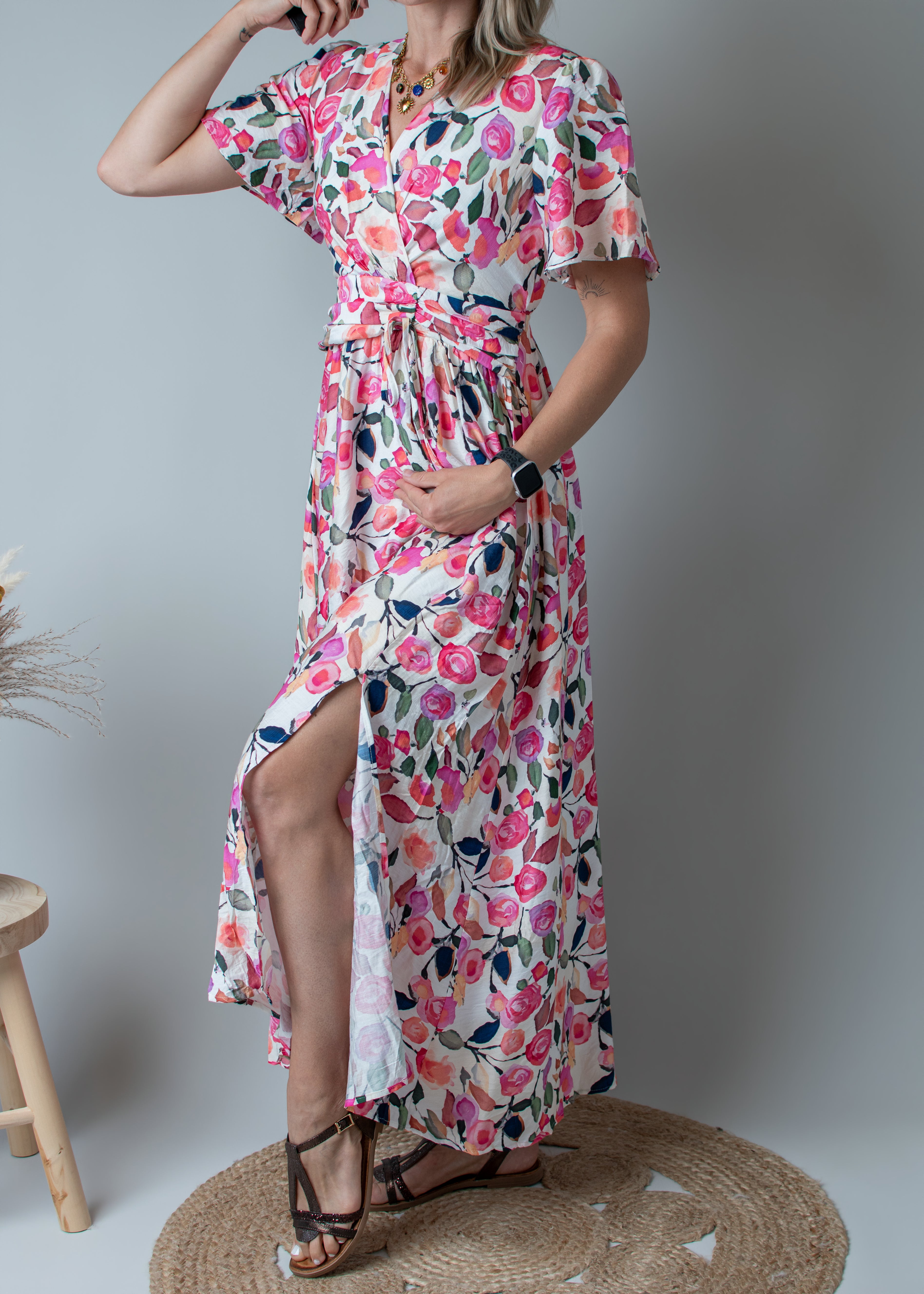 Robe Longue Fluide Fleurie rose