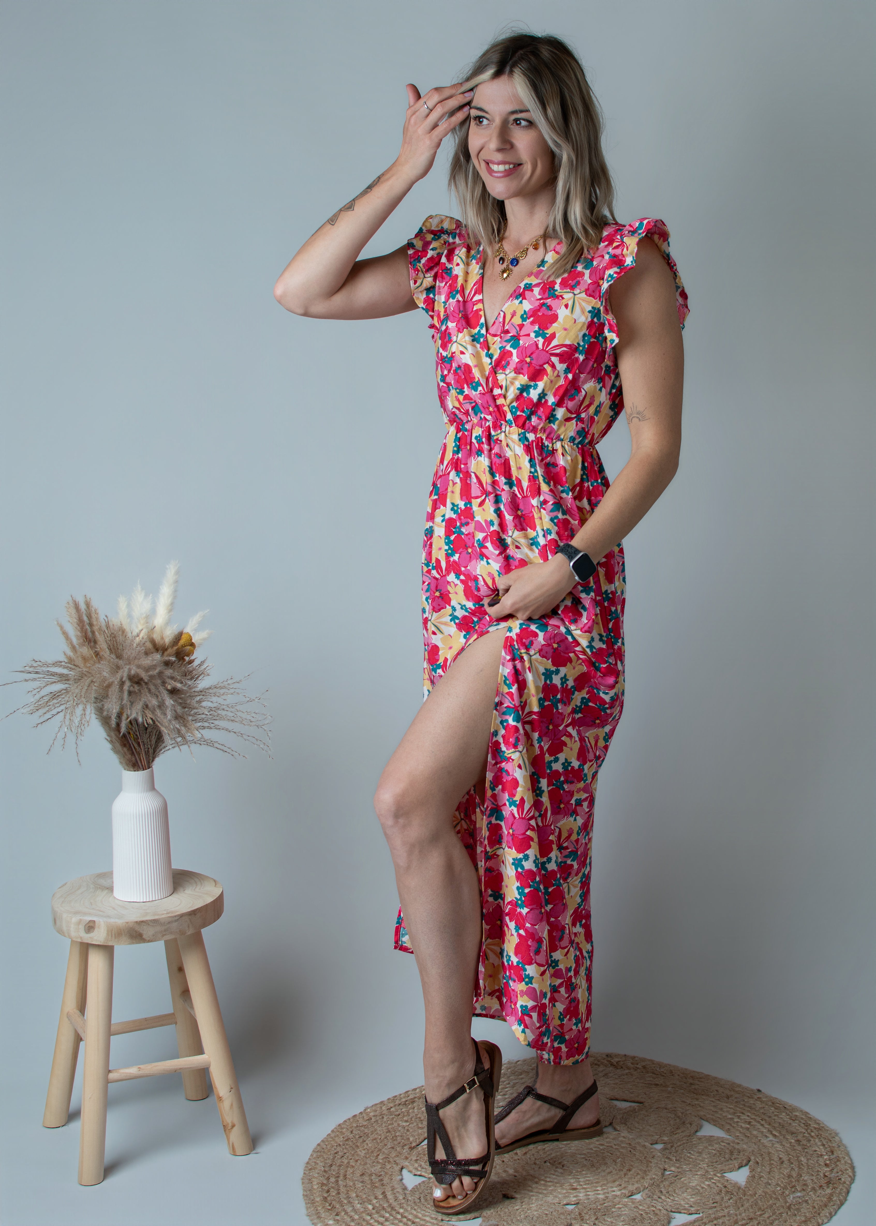 Robe Longue Fleurie Rose et Jaune la boutique de Lydie