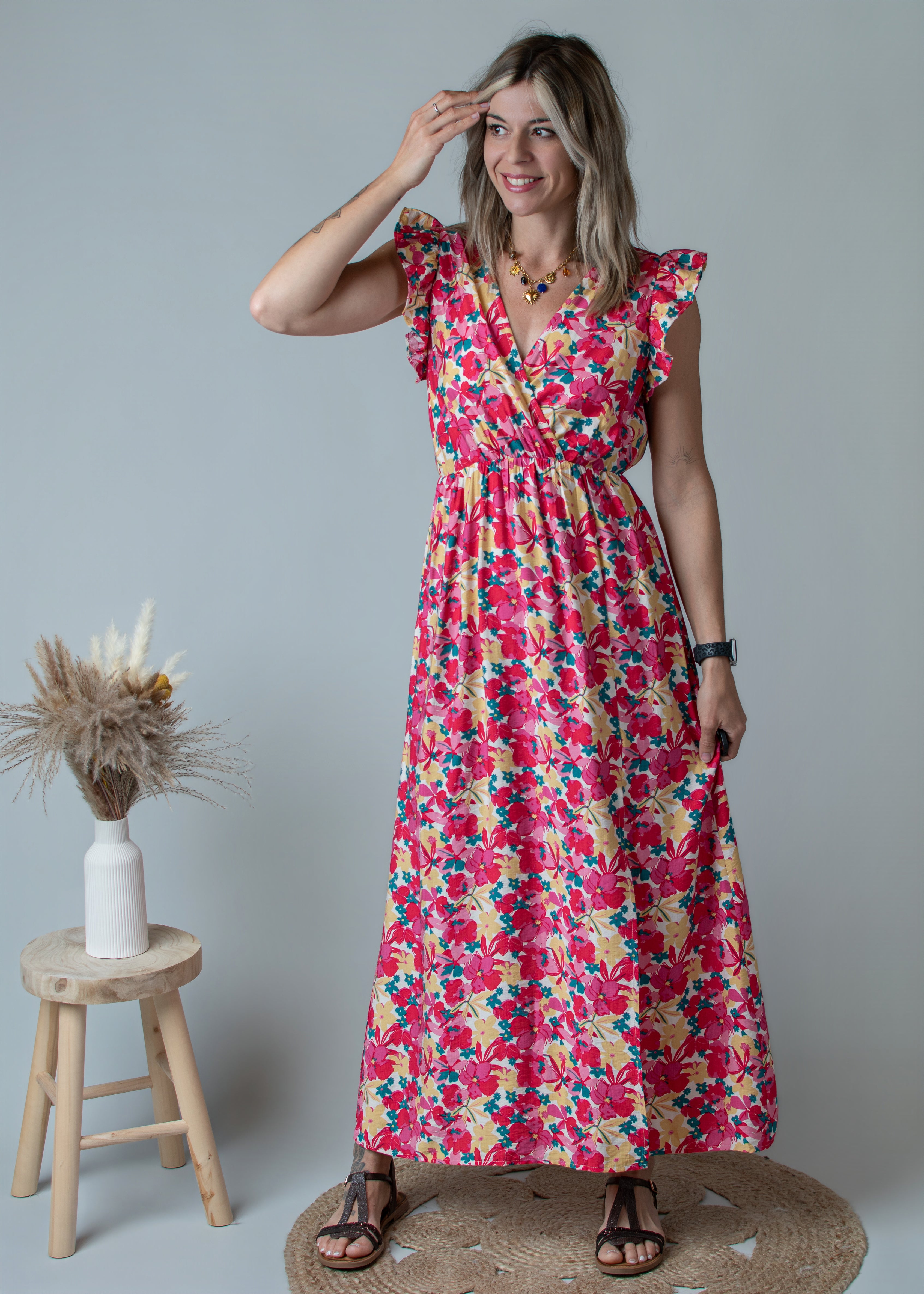 Robe Longue Fleurie Rose et Jaune