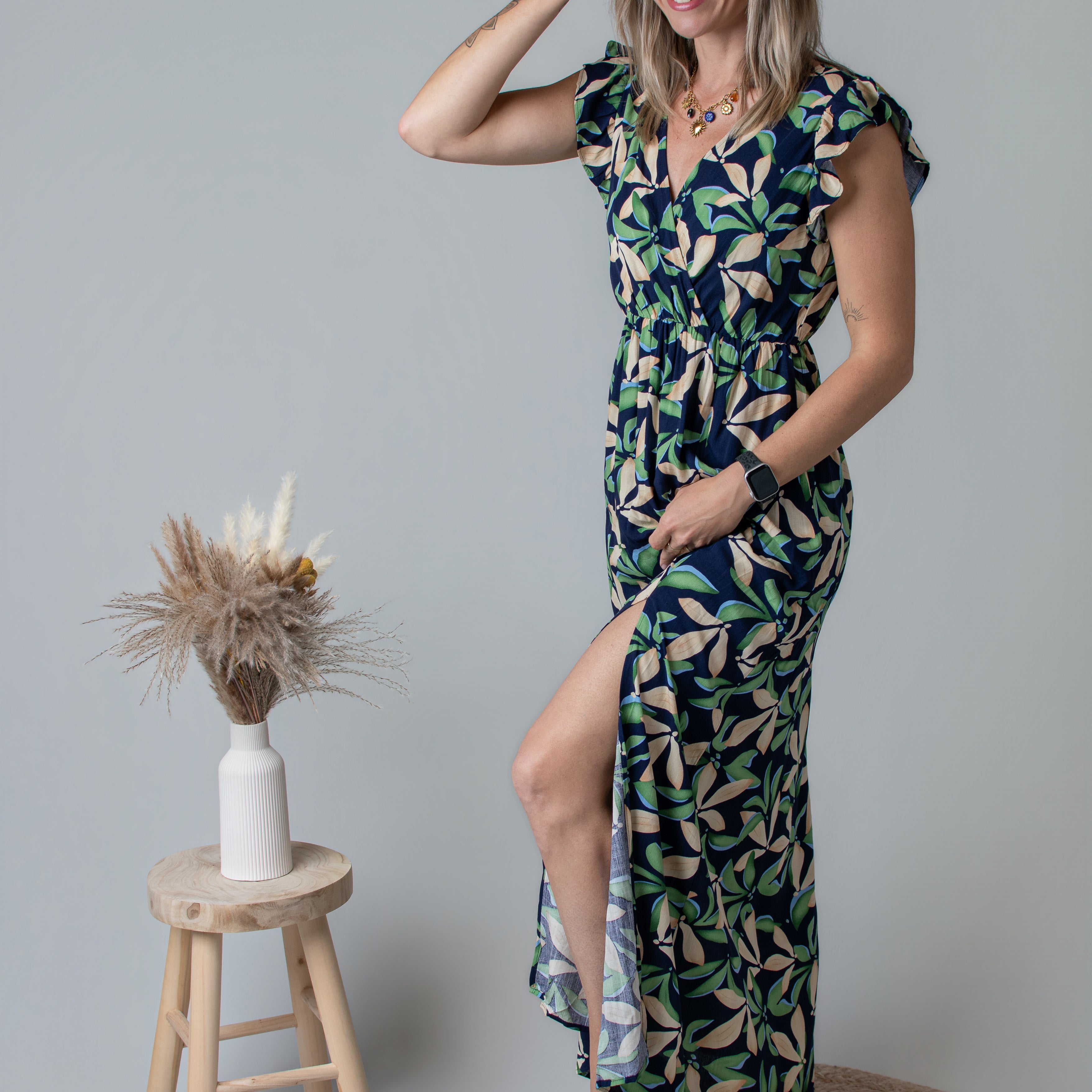Robe longue fleurie vert et marine la boutique de Lydie