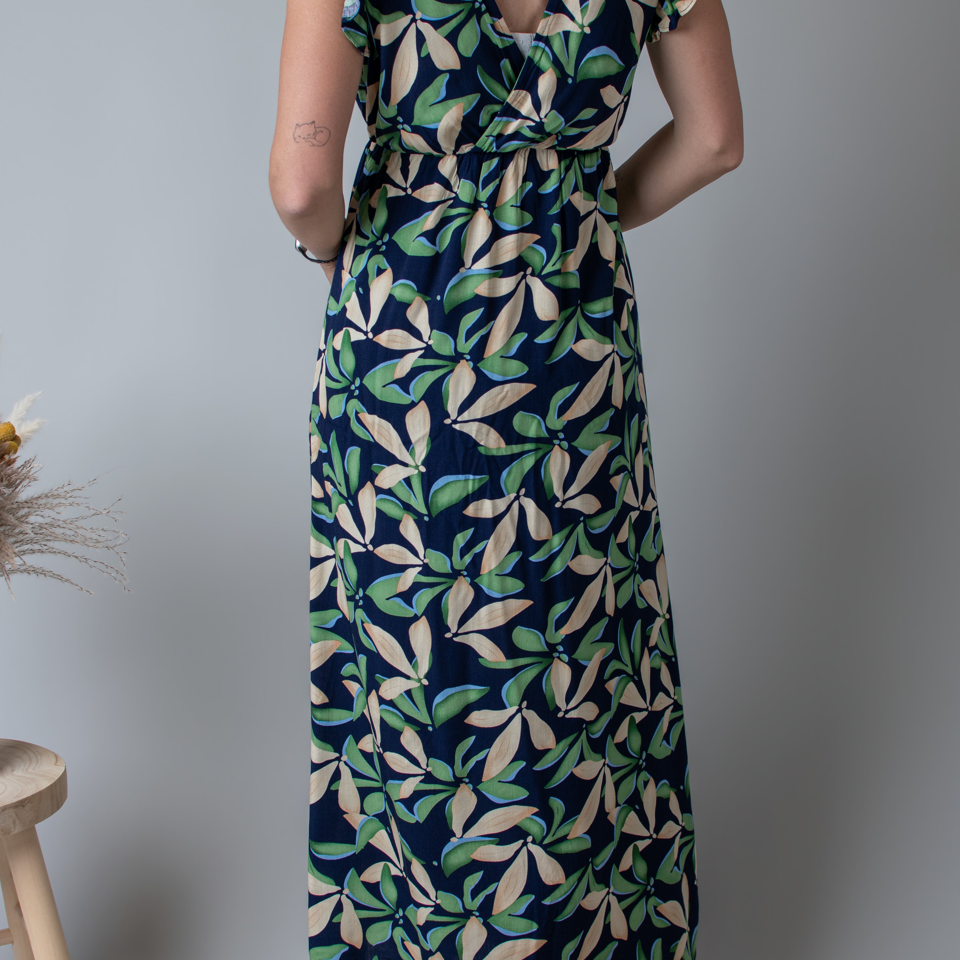Robe longue fleurie vert et marine
