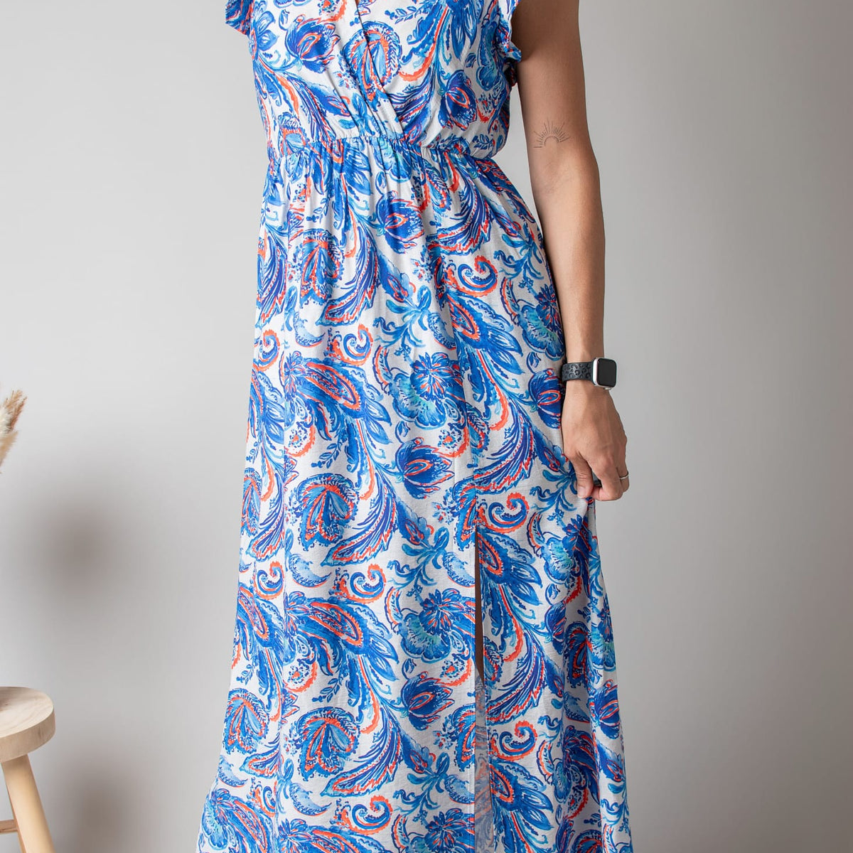 Robe Longue Bleue Imprimé Cachemire