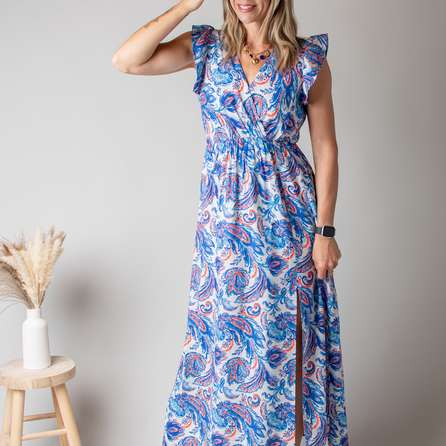Robe Longue Bleue Imprimé Cachemire