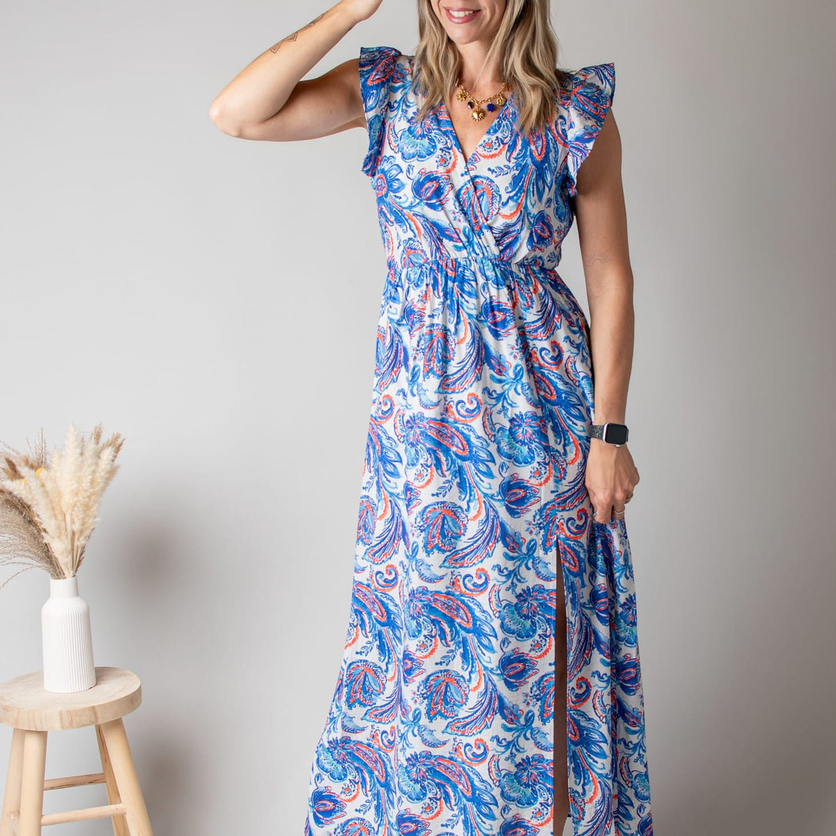 Robe Longue Bleue Imprimé Cachemire