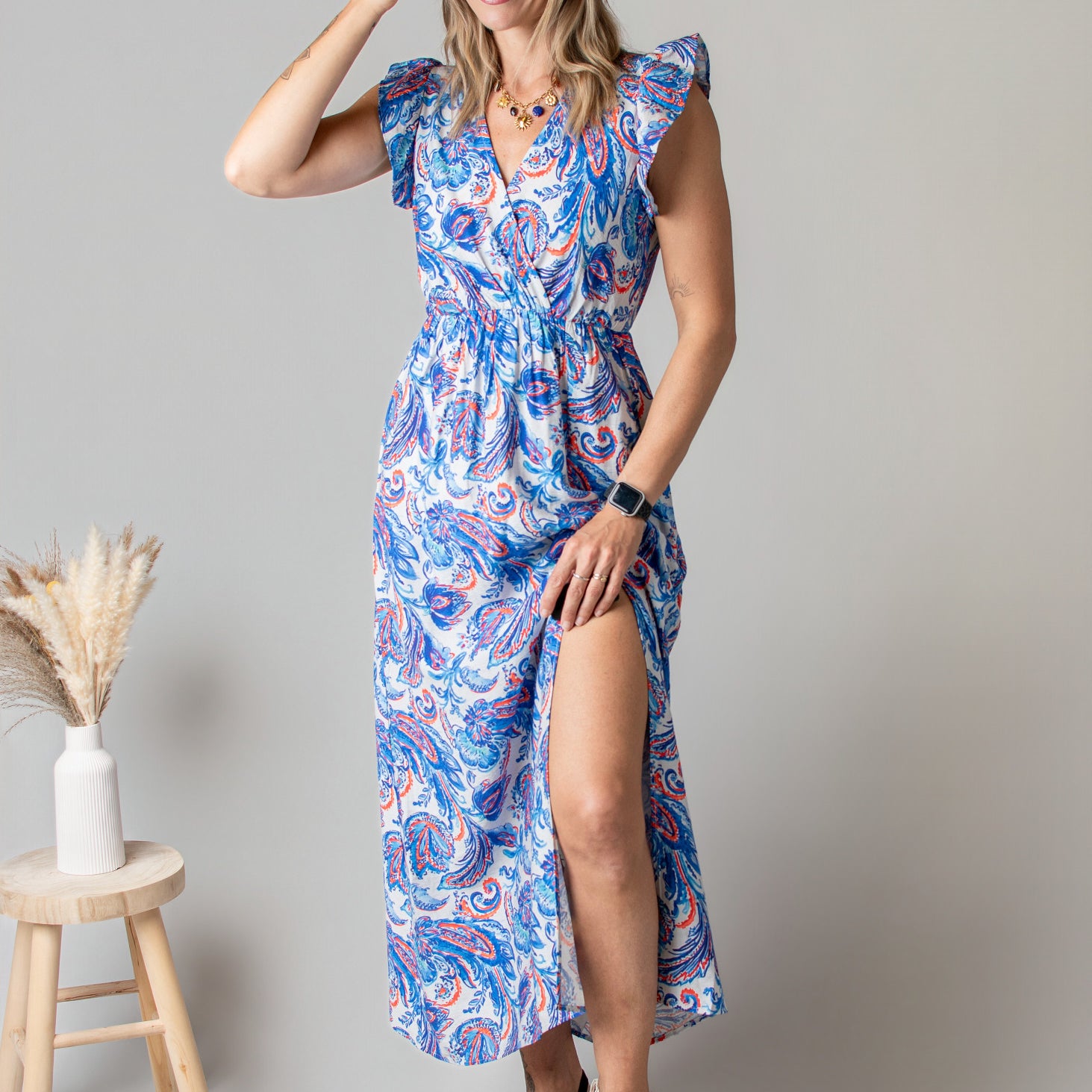 Robe Longue Bleue Imprimé Cachemire