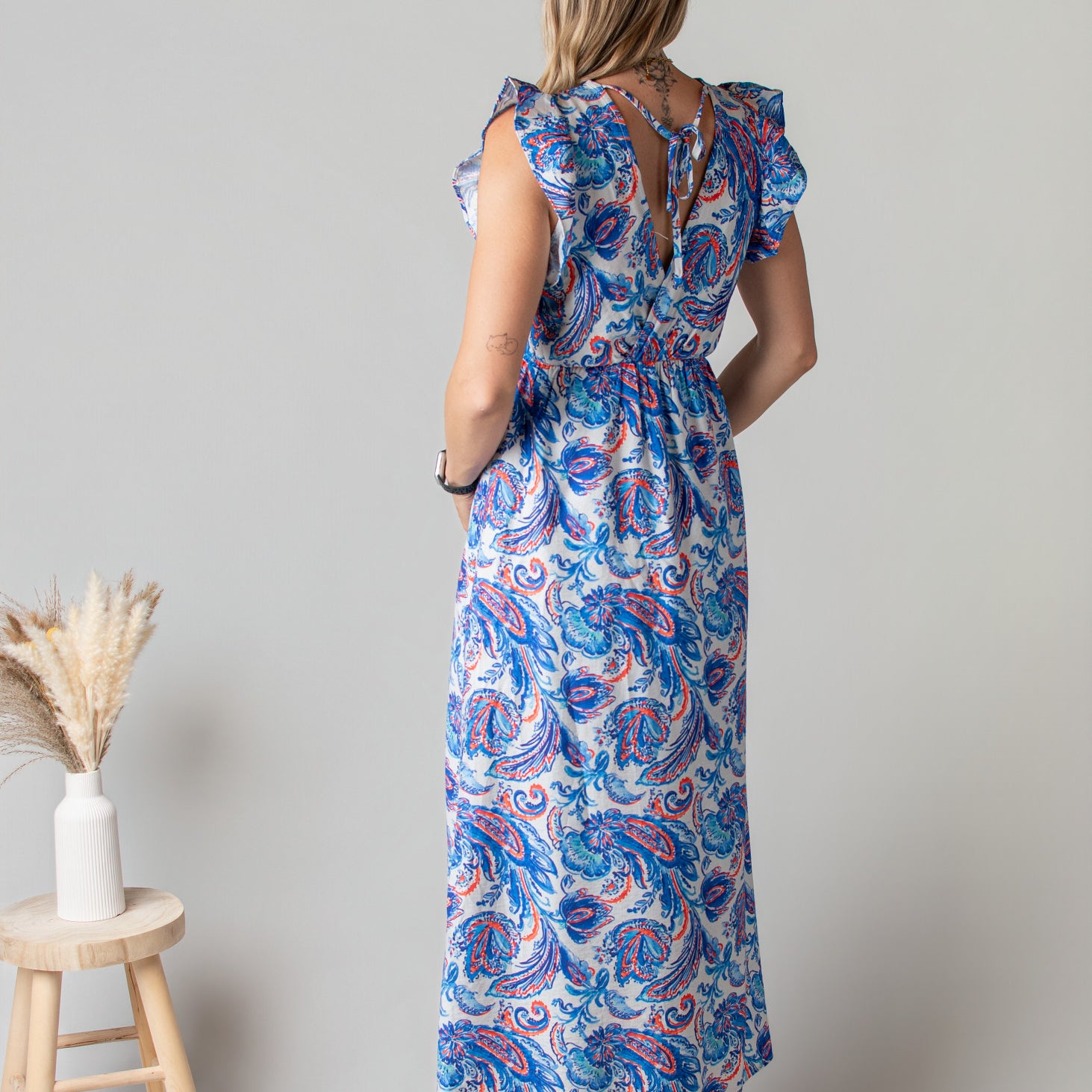 Robe Longue Bleue Imprimé Cachemire