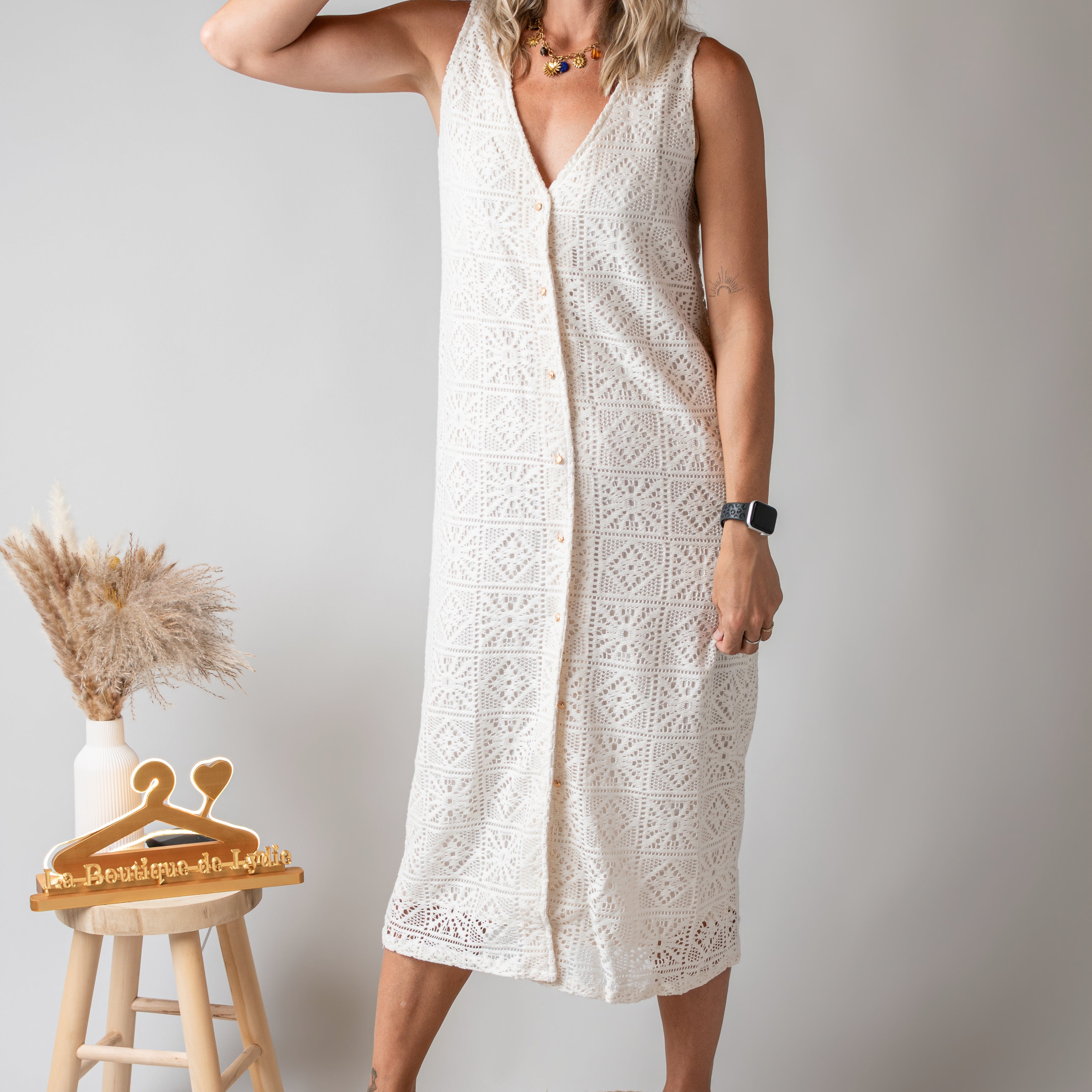 Robe longue en crochet écru