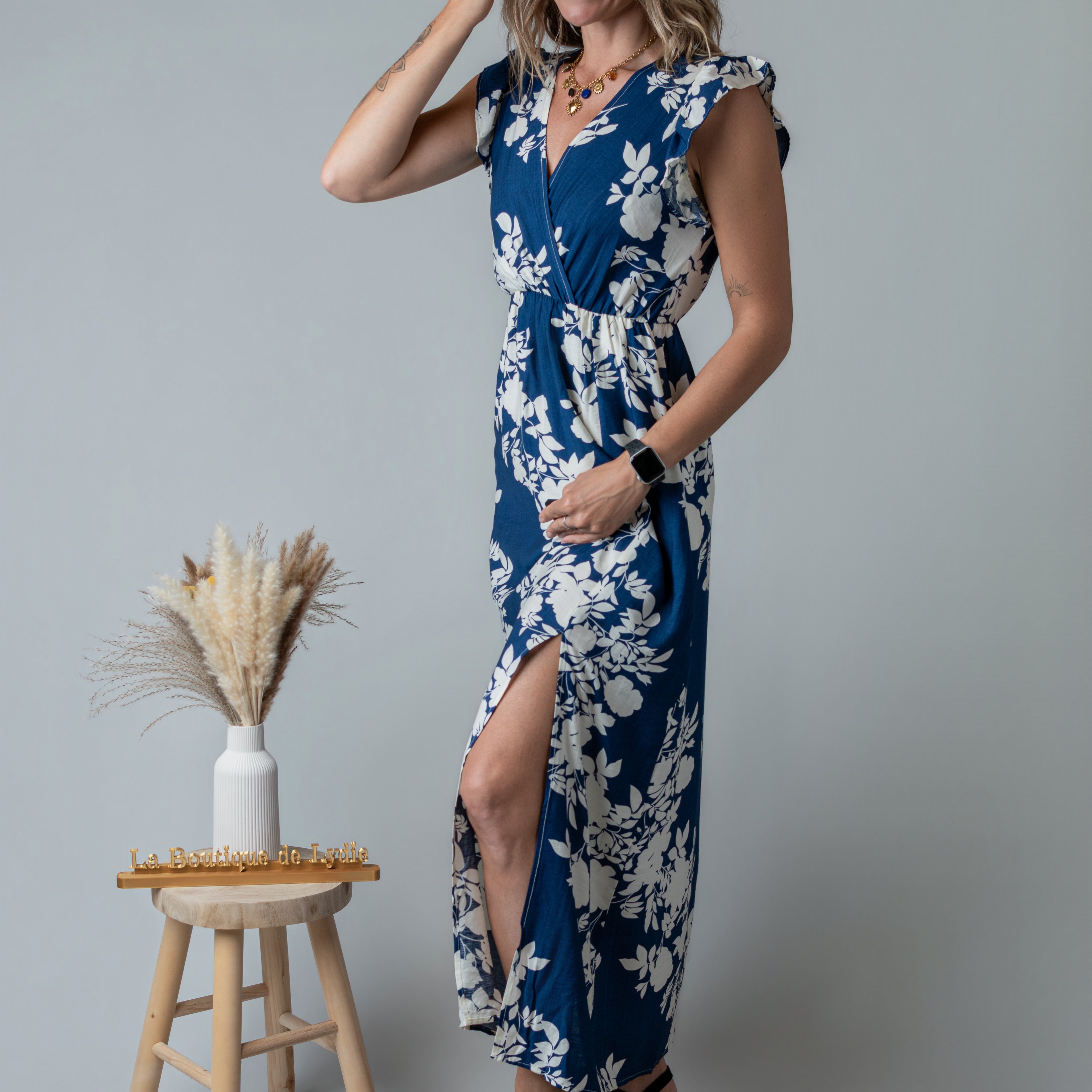 Robe Longue fleurie bleue la Boutique de Lydie