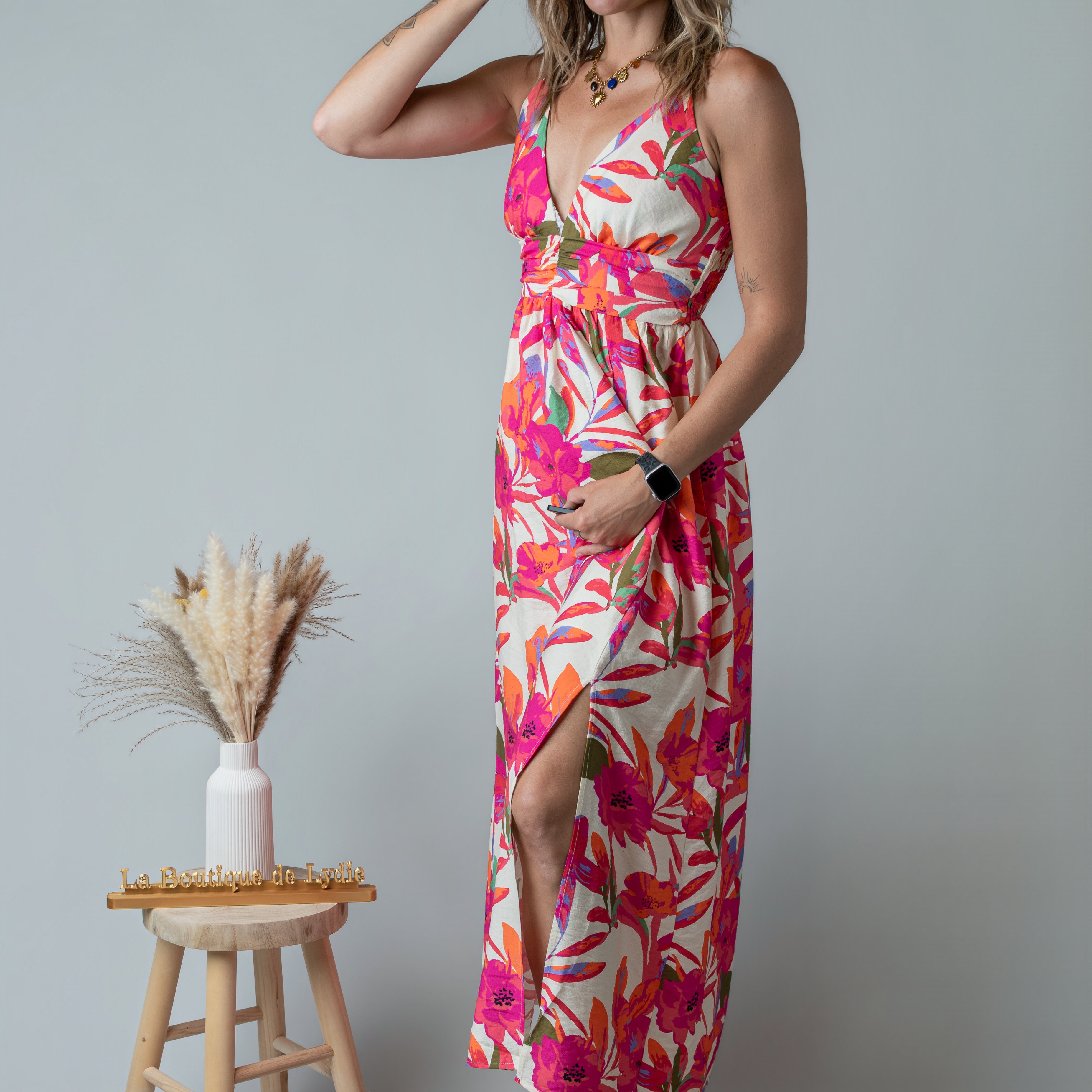 Robe Longue Fleurie fuchsia la Boutique de Lydie