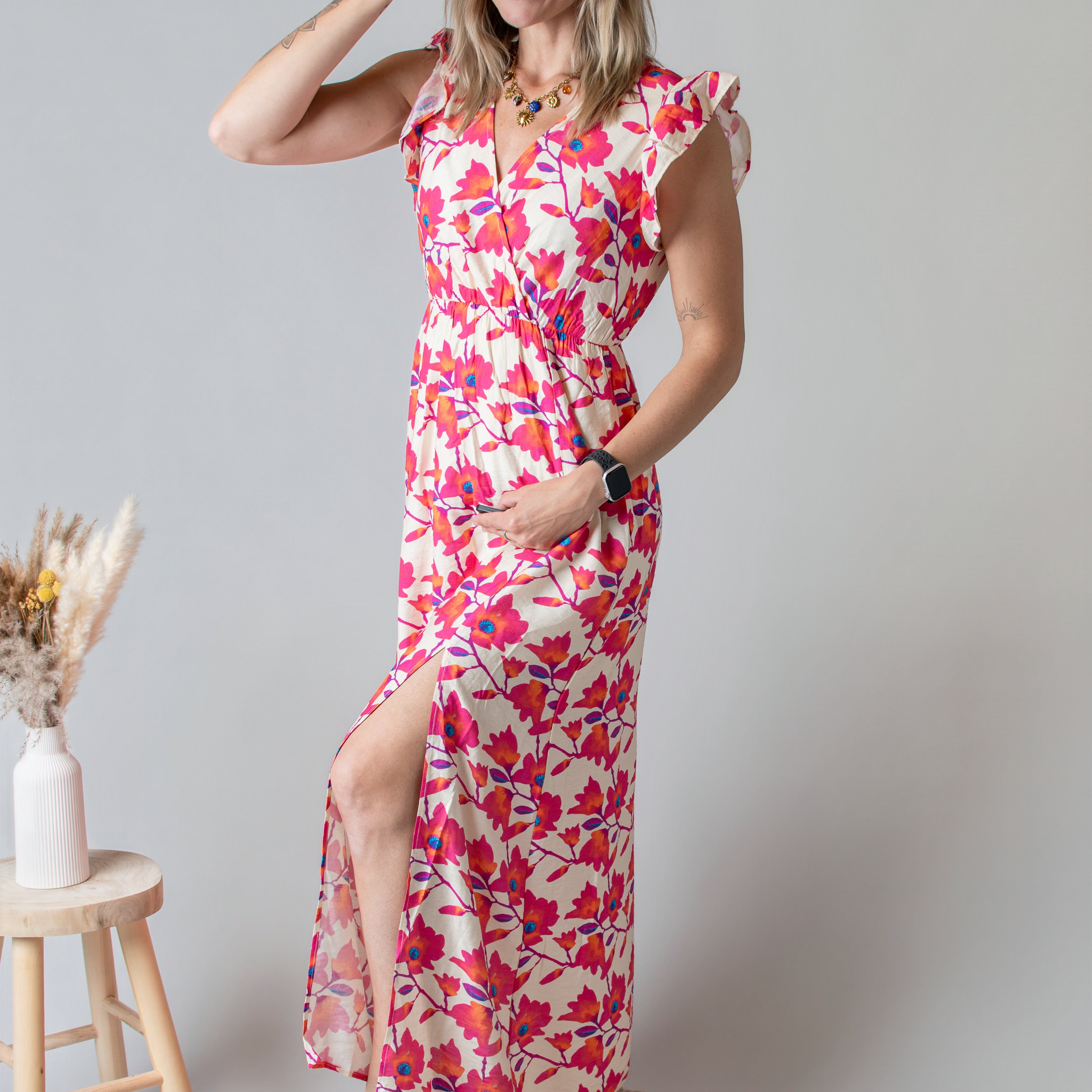 Robe Longue Fleurie Rose - La Boutique de Lydie