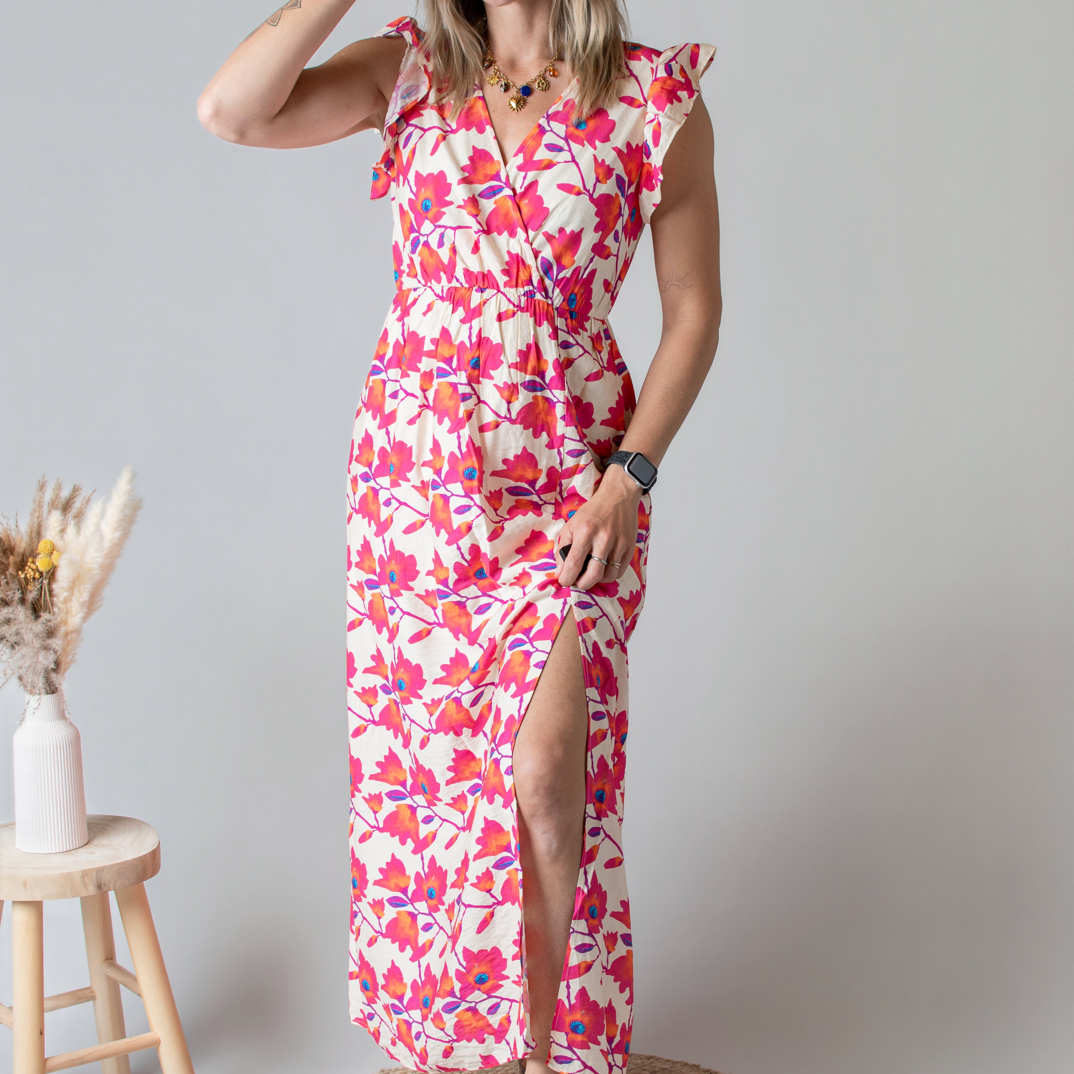 Robe Longue Fleurie Rose - La Boutique de Lydie
