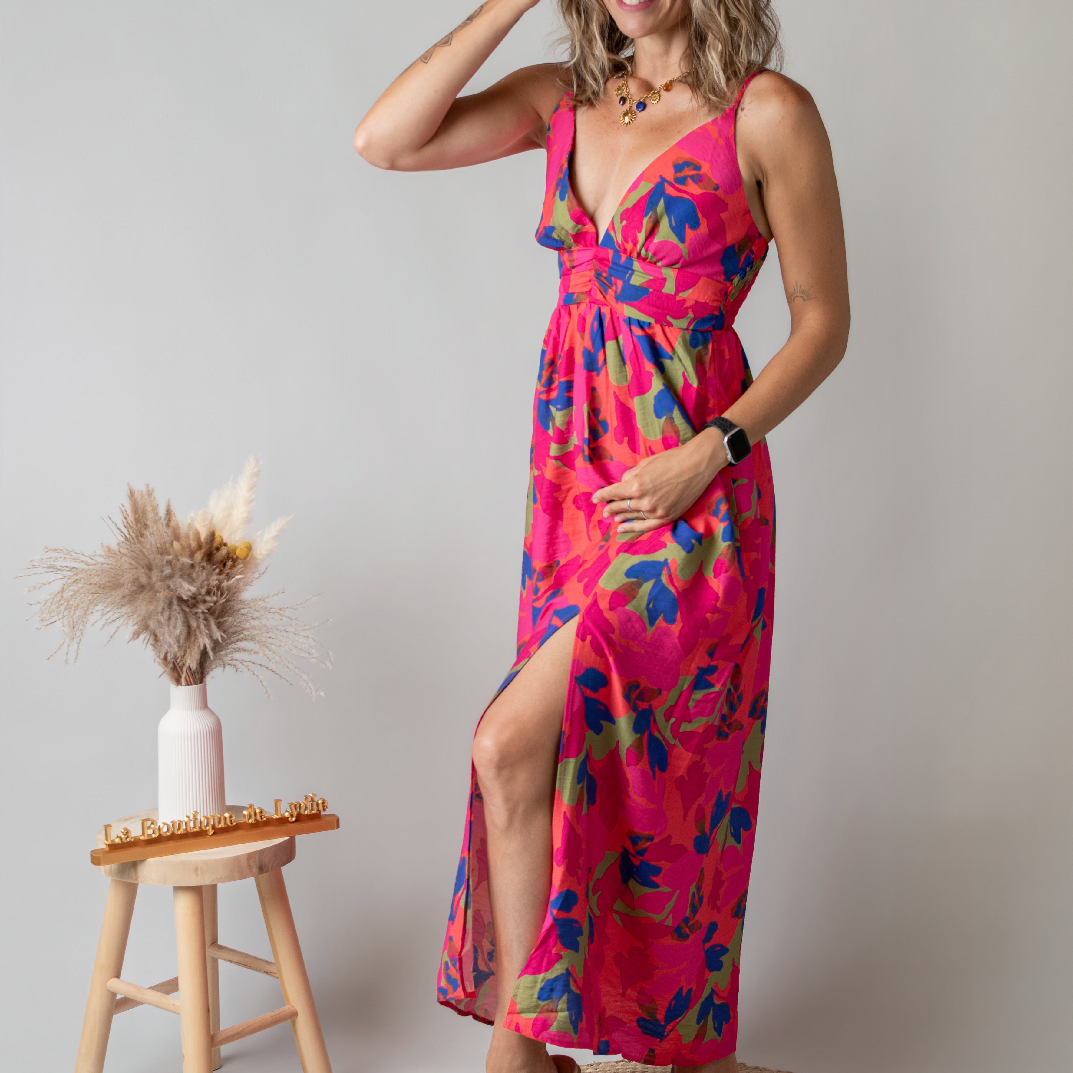 Robe Longue Fleurie Fuchsia