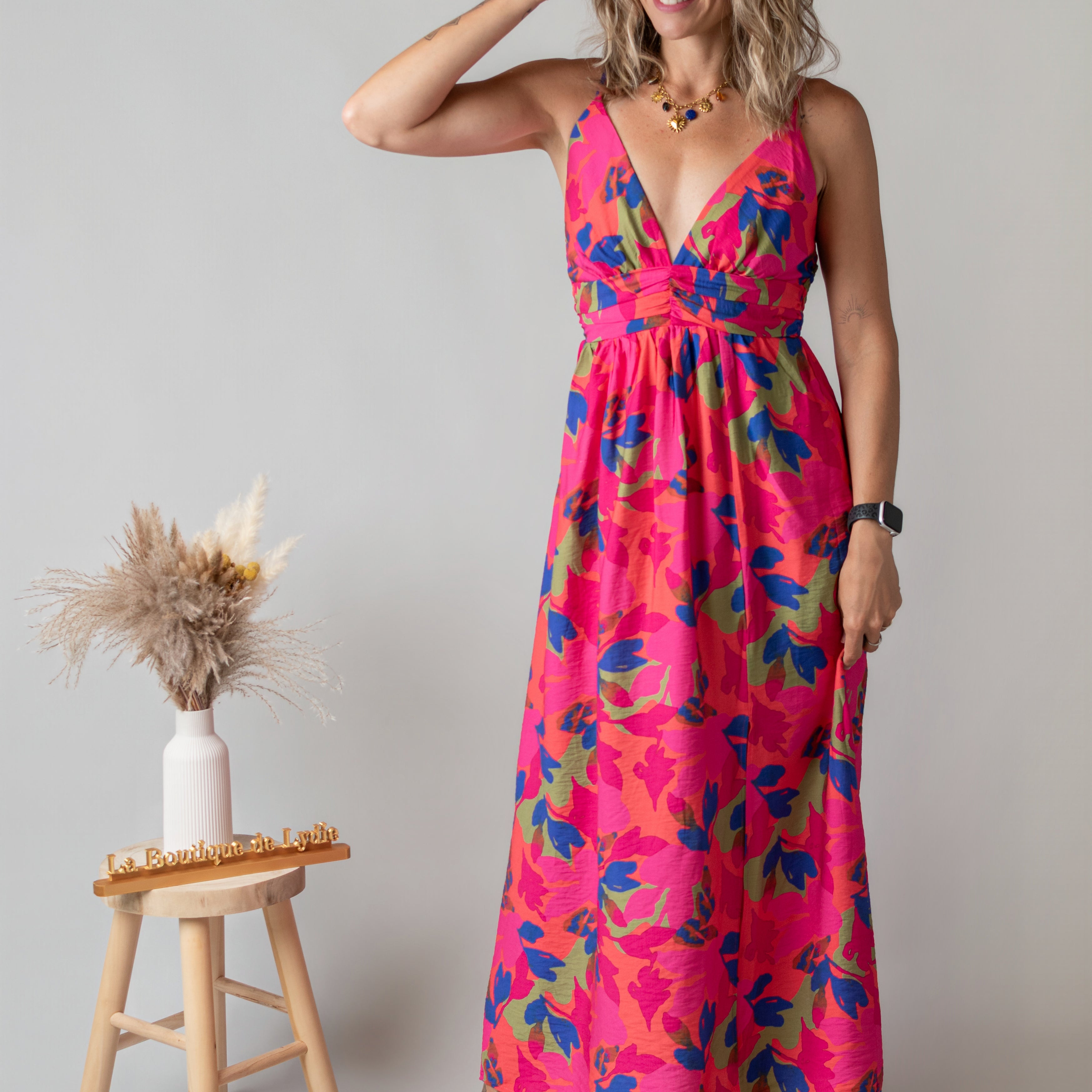 Robe Longue Fleurie Fuchsia