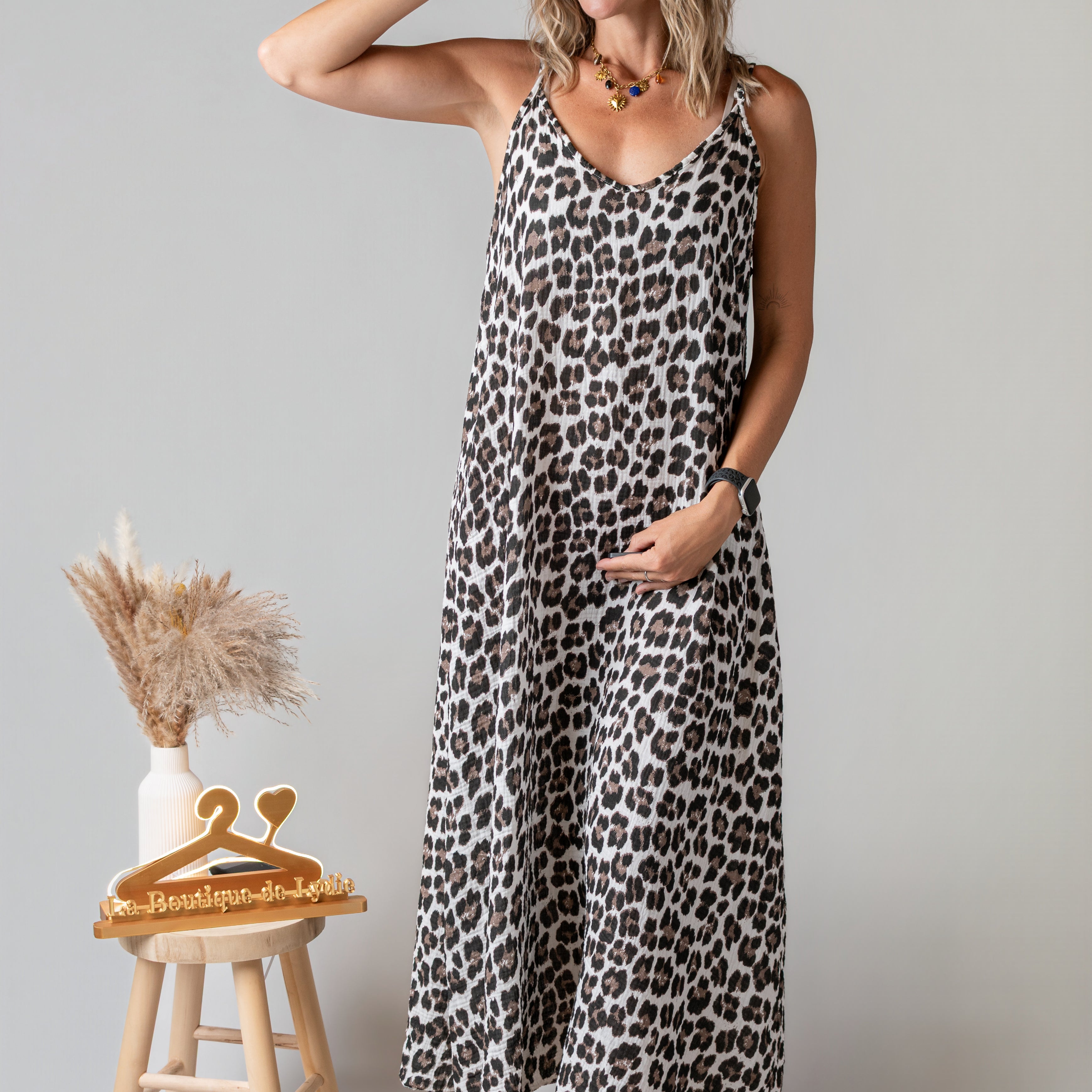 Robe longue en gaze de coton léopard
