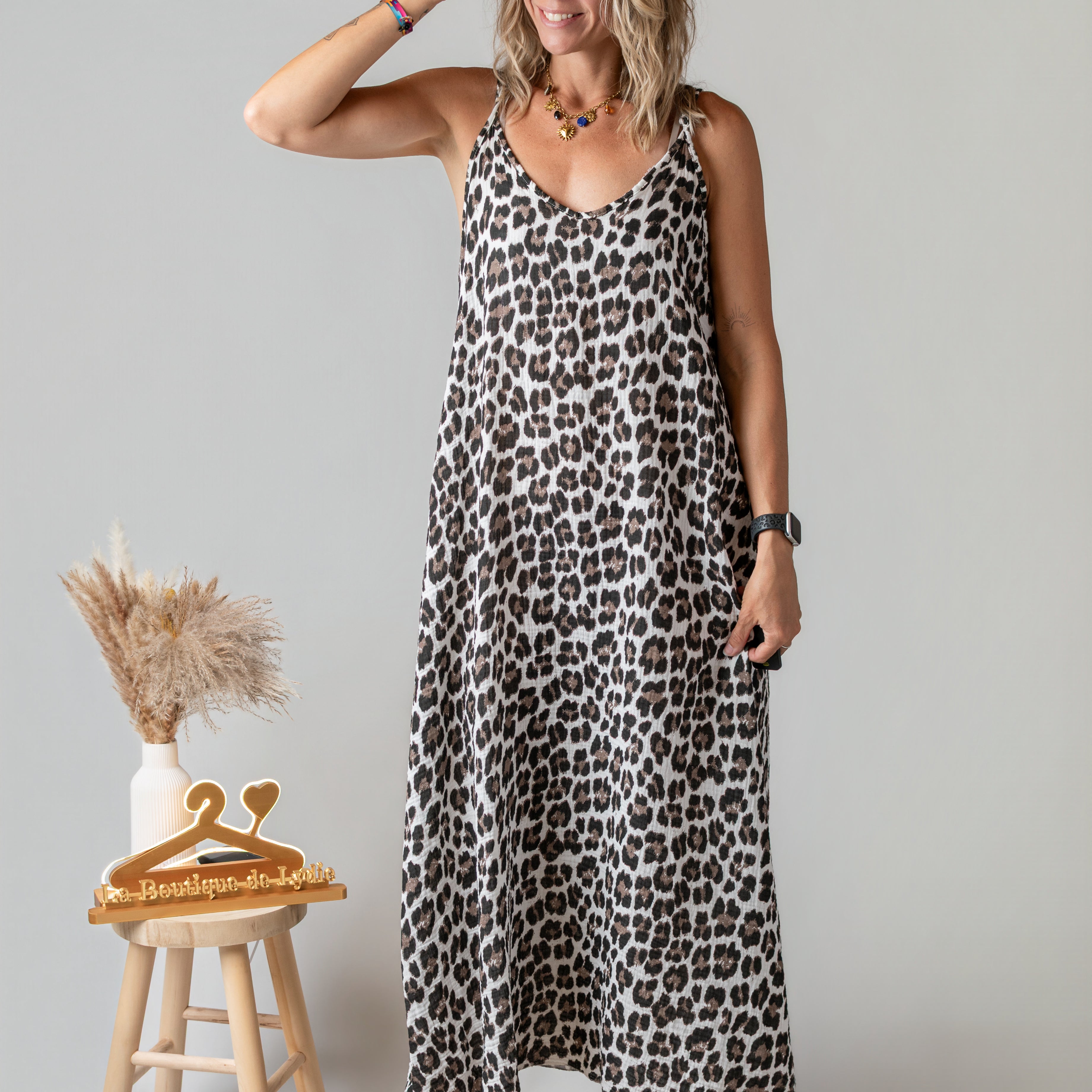 Robe longue en gaze de coton léopard