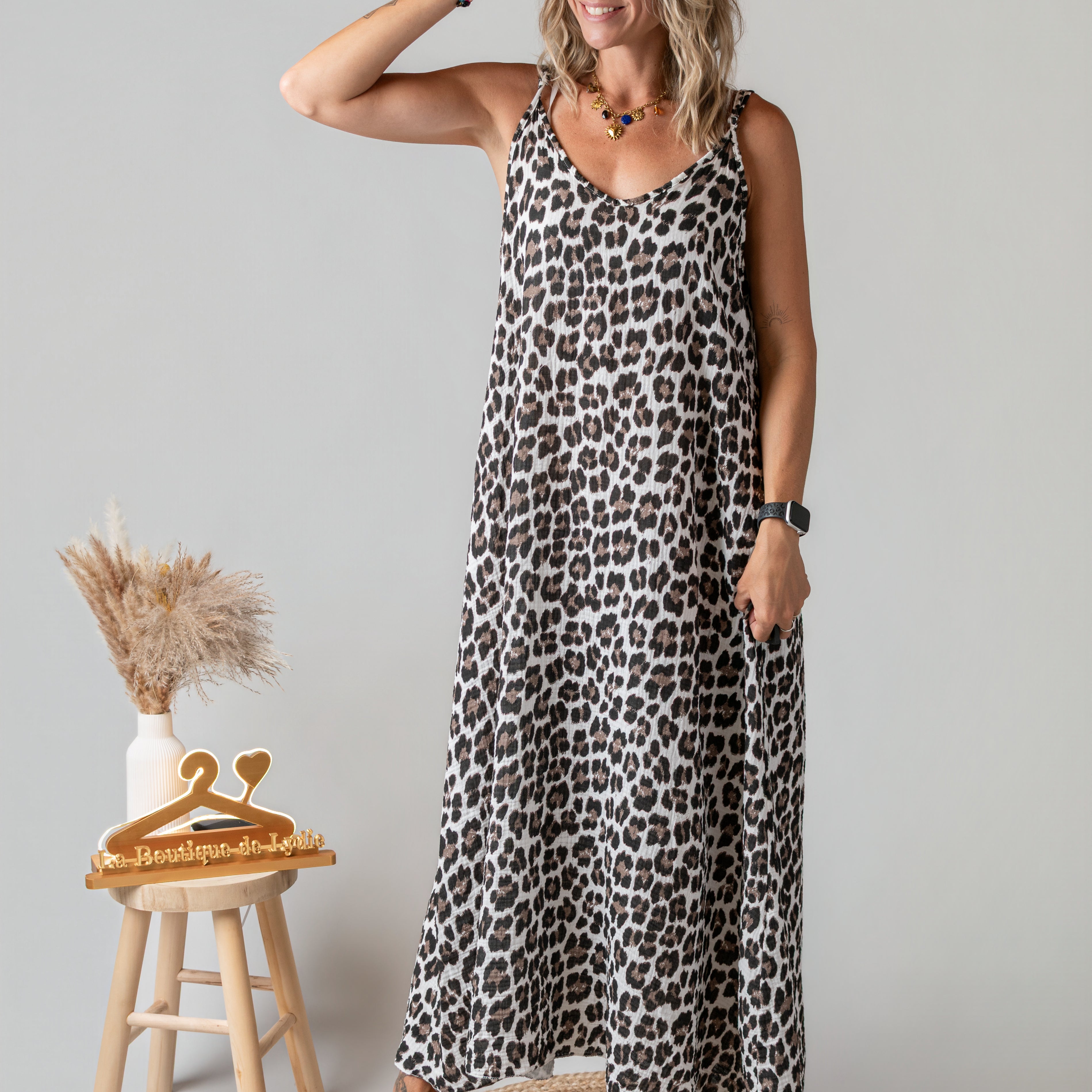 Robe longue en gaze de coton léopard la Boutique de Lydie