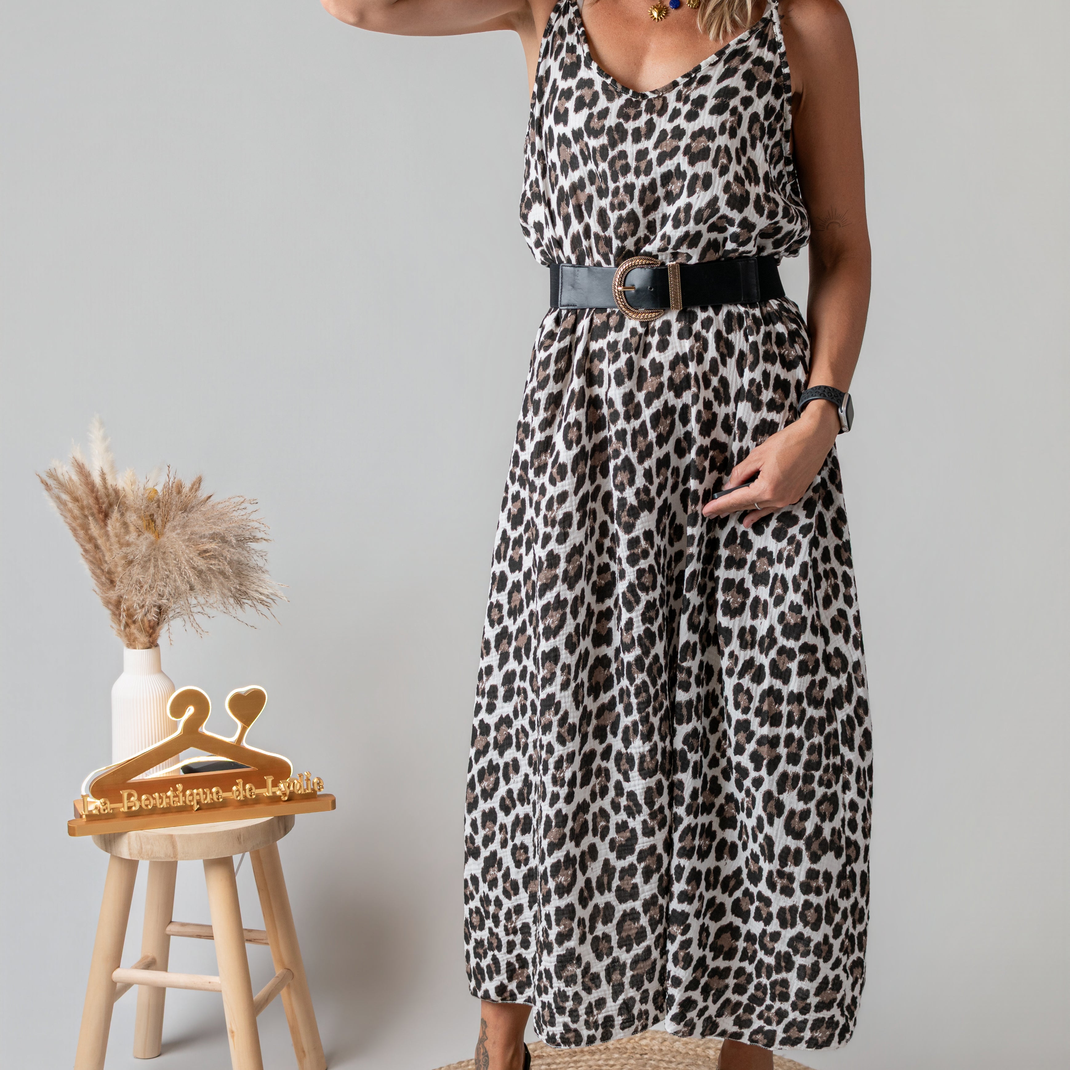 Robe longue en gaze de coton léopard