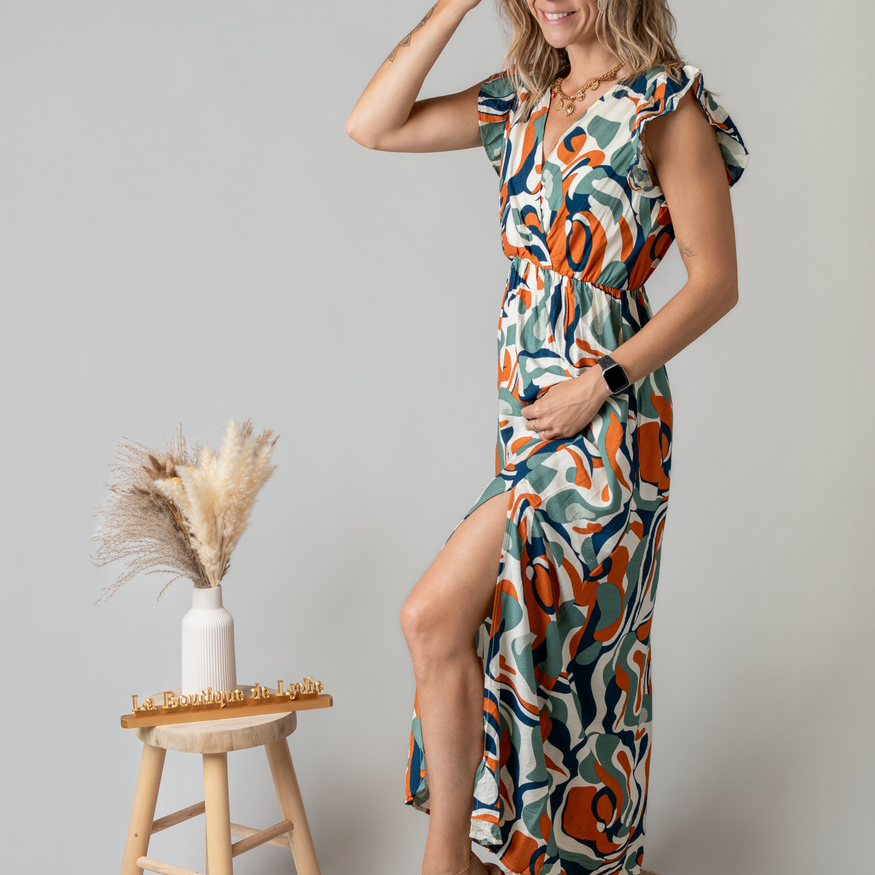 Robe Longue Graphique – Orange & Verte la Boutique de Lydie
