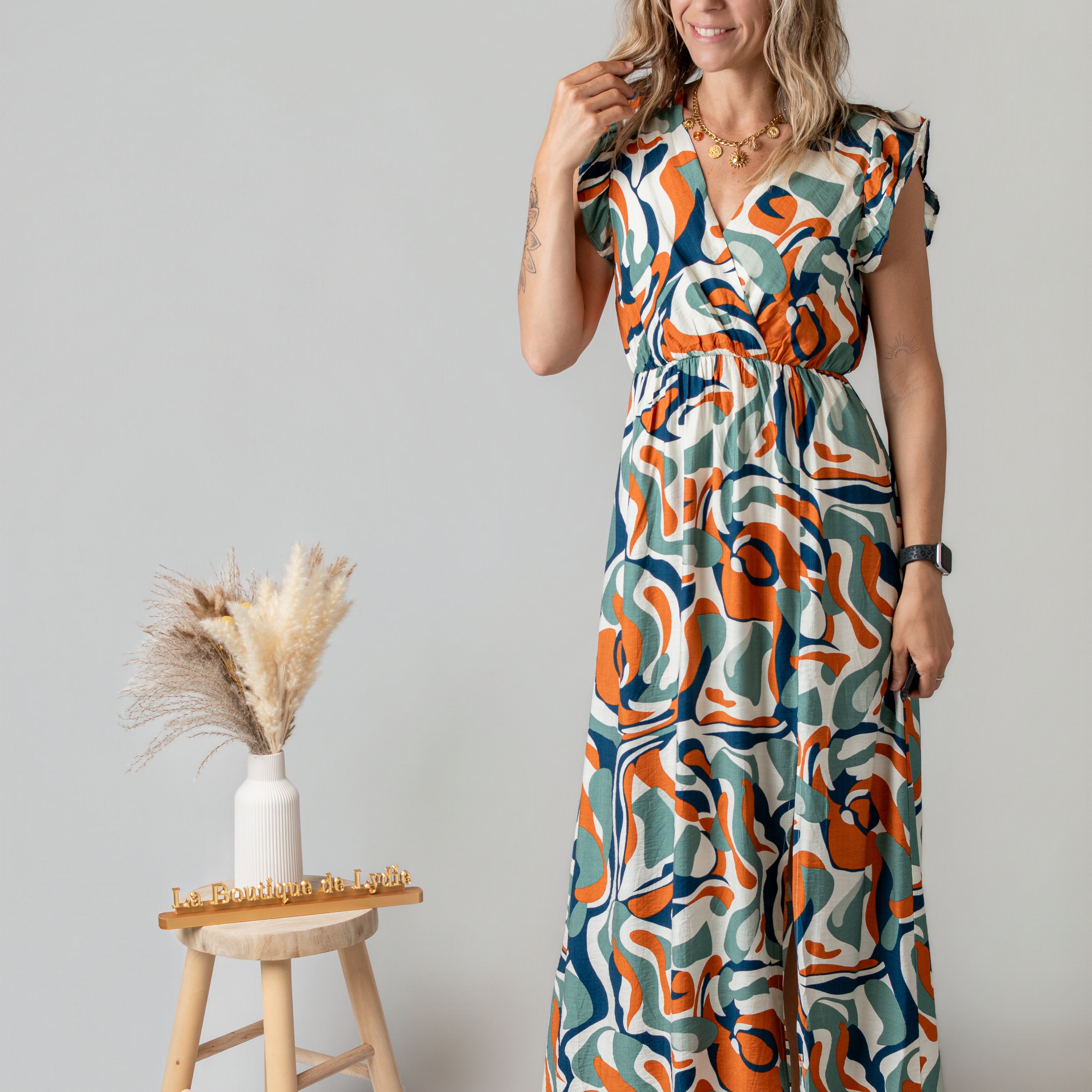 Robe Longue Graphique – Orange & Verte