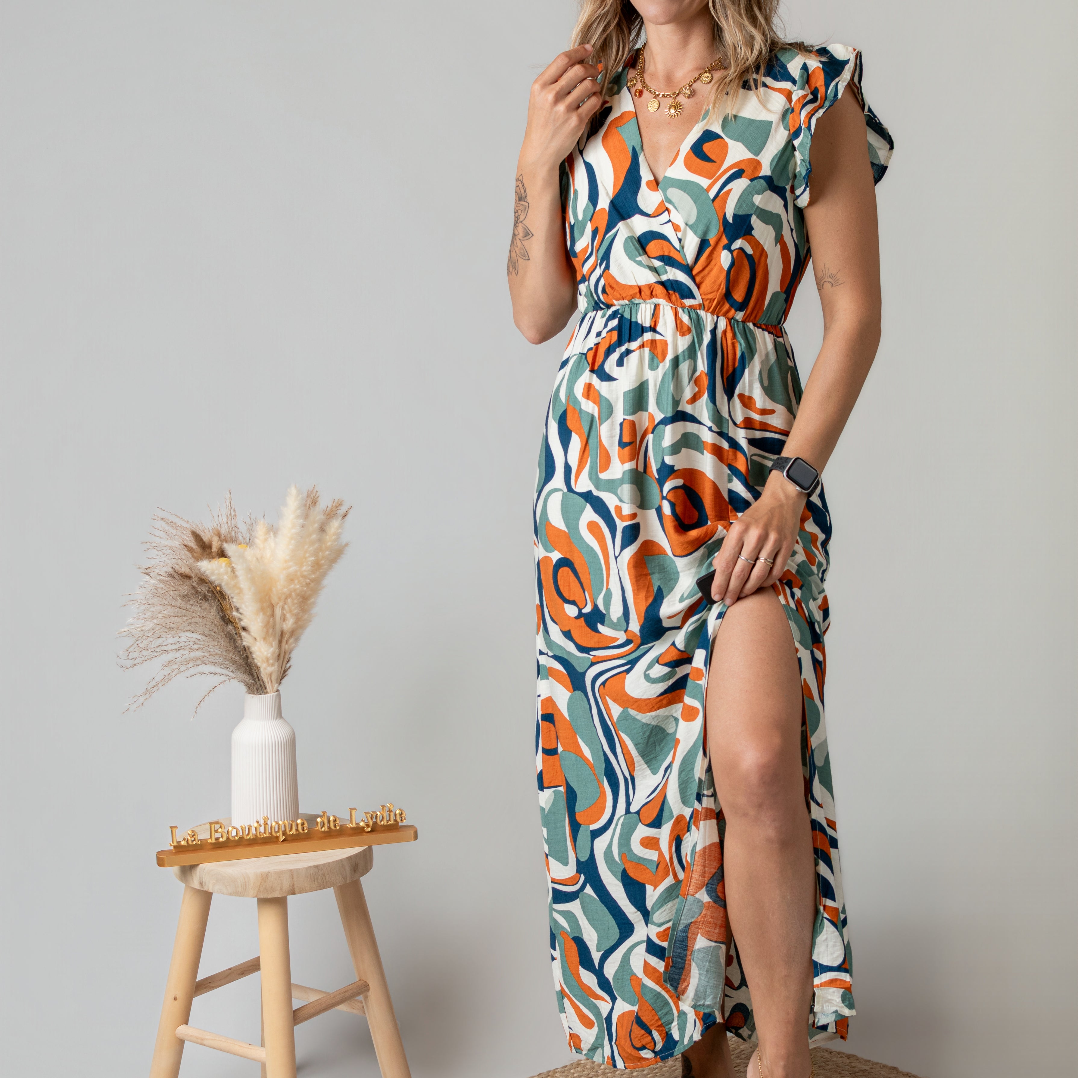 Robe Longue Graphique – Orange & Verte