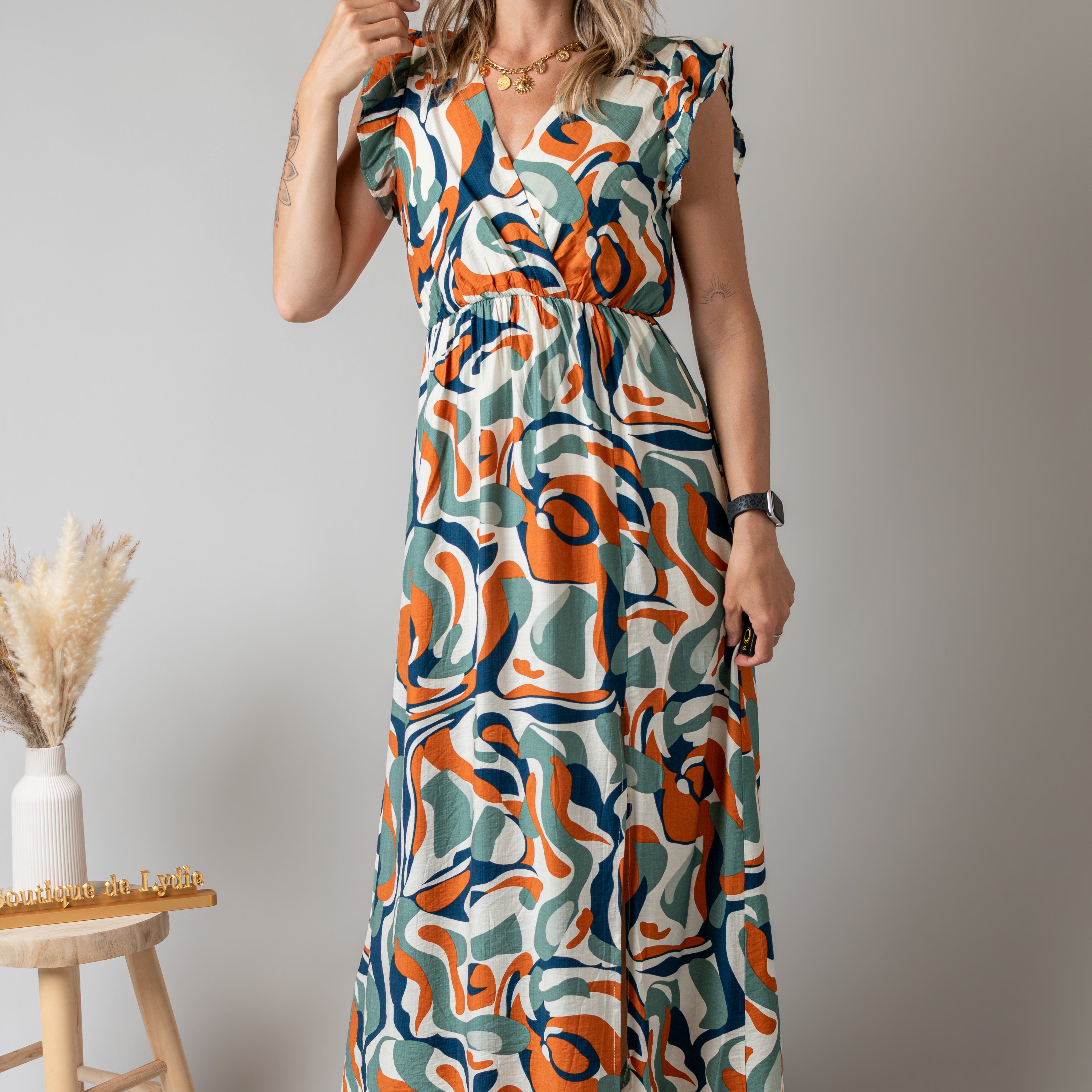 Robe Longue Graphique – Orange & Verte
