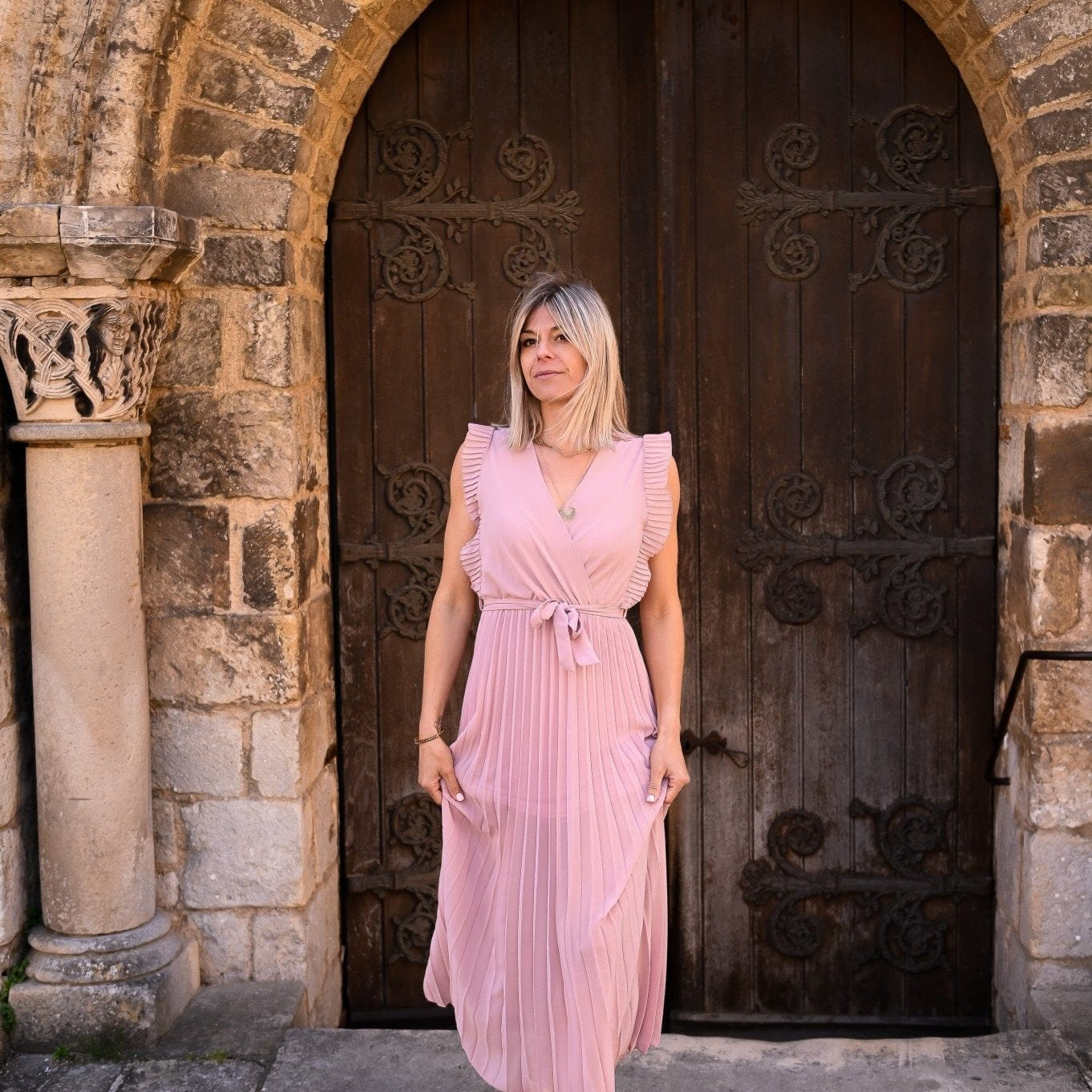 Robe longue plissée Rose Carmen - La Boutique de Lydie Taille Unique