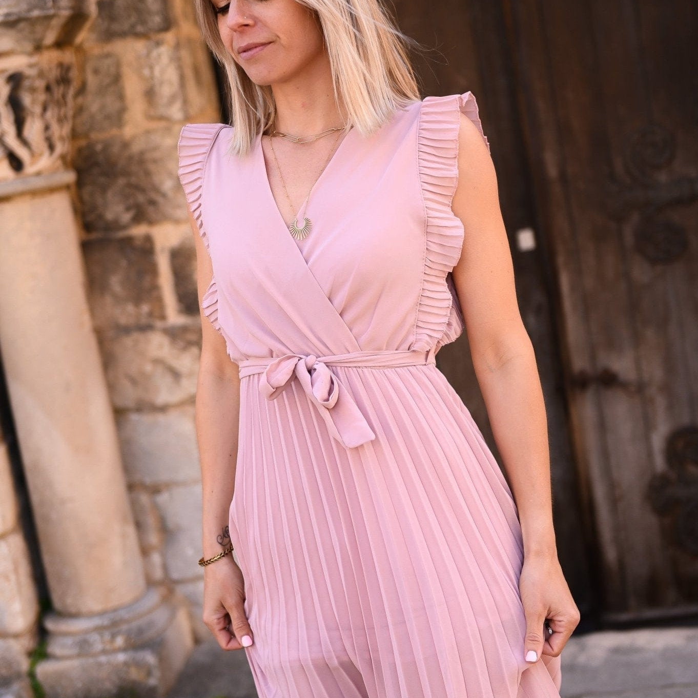 Robe longue plissée Rose Carmen - La Boutique de Lydie Taille Unique