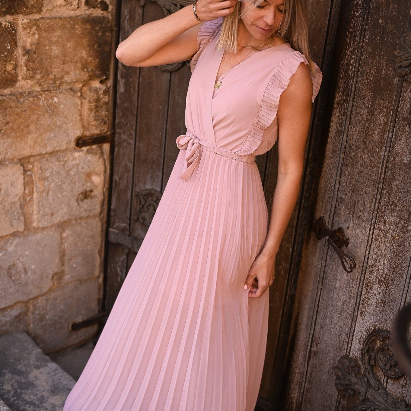 Robe longue plissée Rose Carmen - La Boutique de Lydie Taille Unique