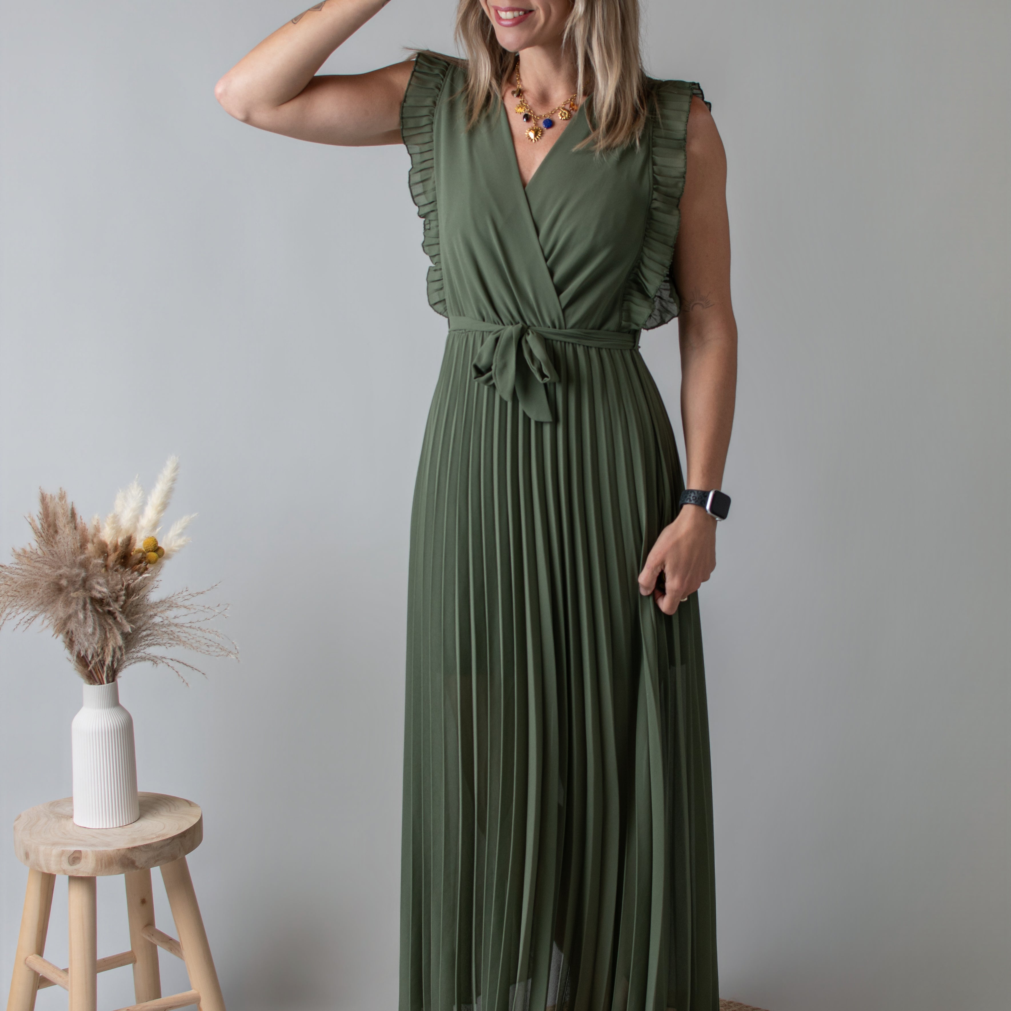 Robe longue plissée Kaki la boutique de lydie