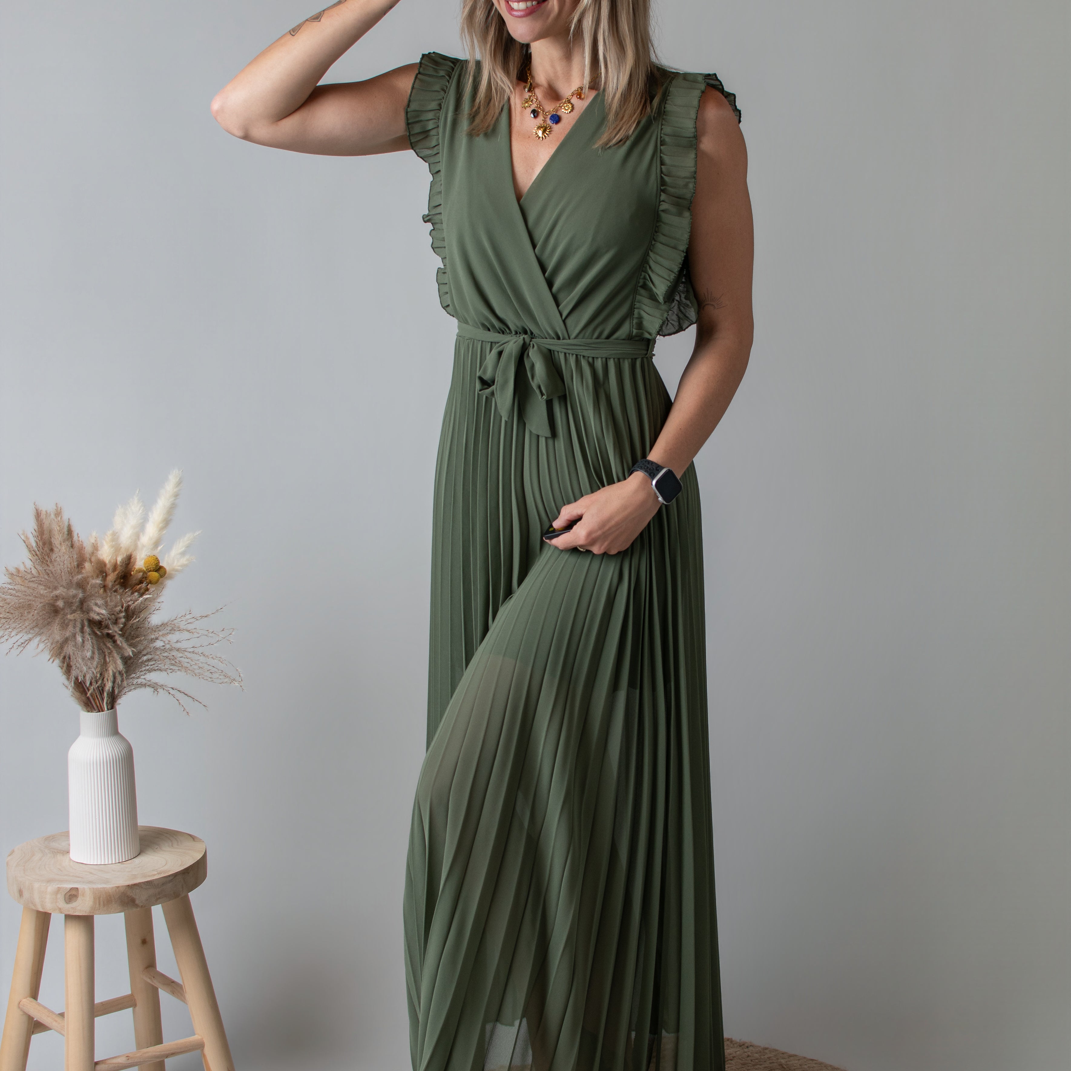 Robe longue plissée Kaki