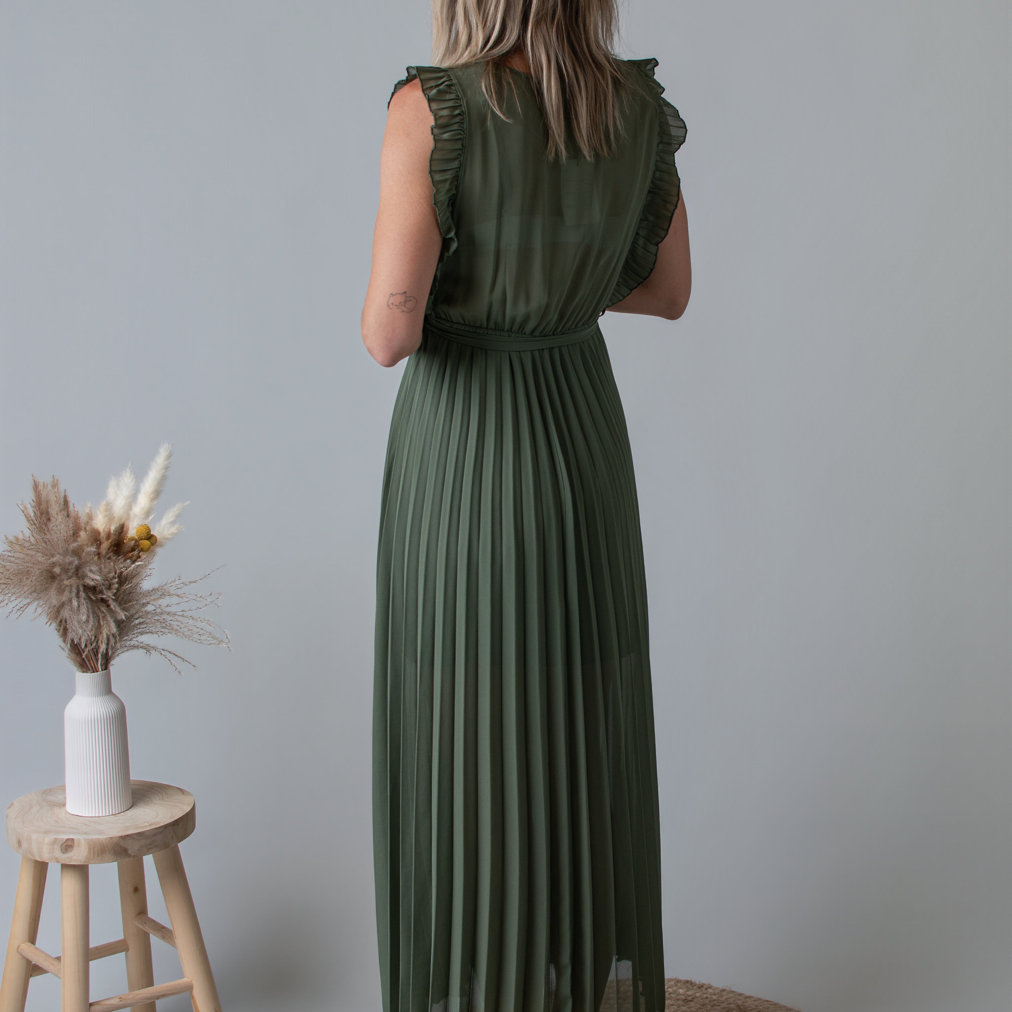 Robe longue plissée Kaki