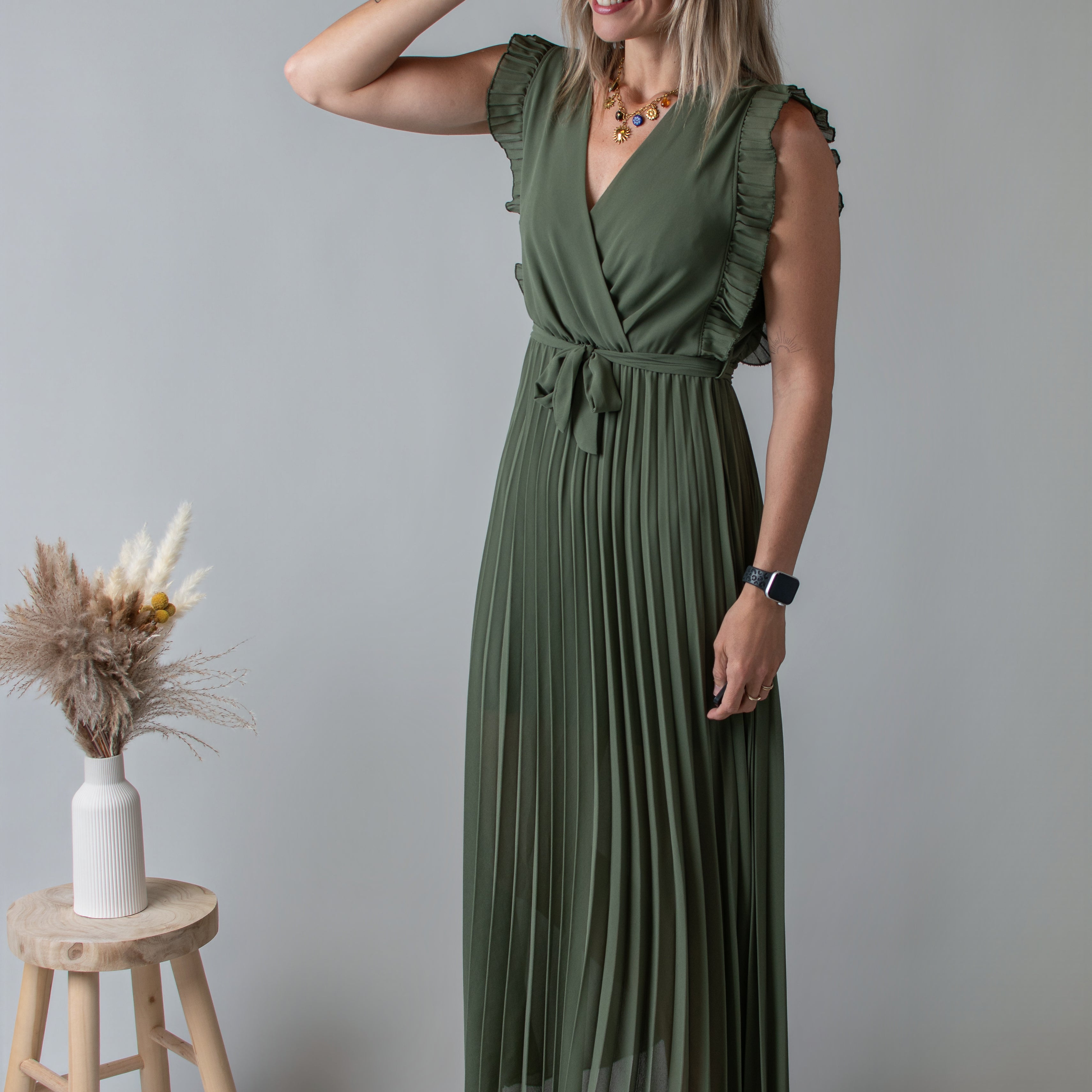 Robe longue plissée Kaki