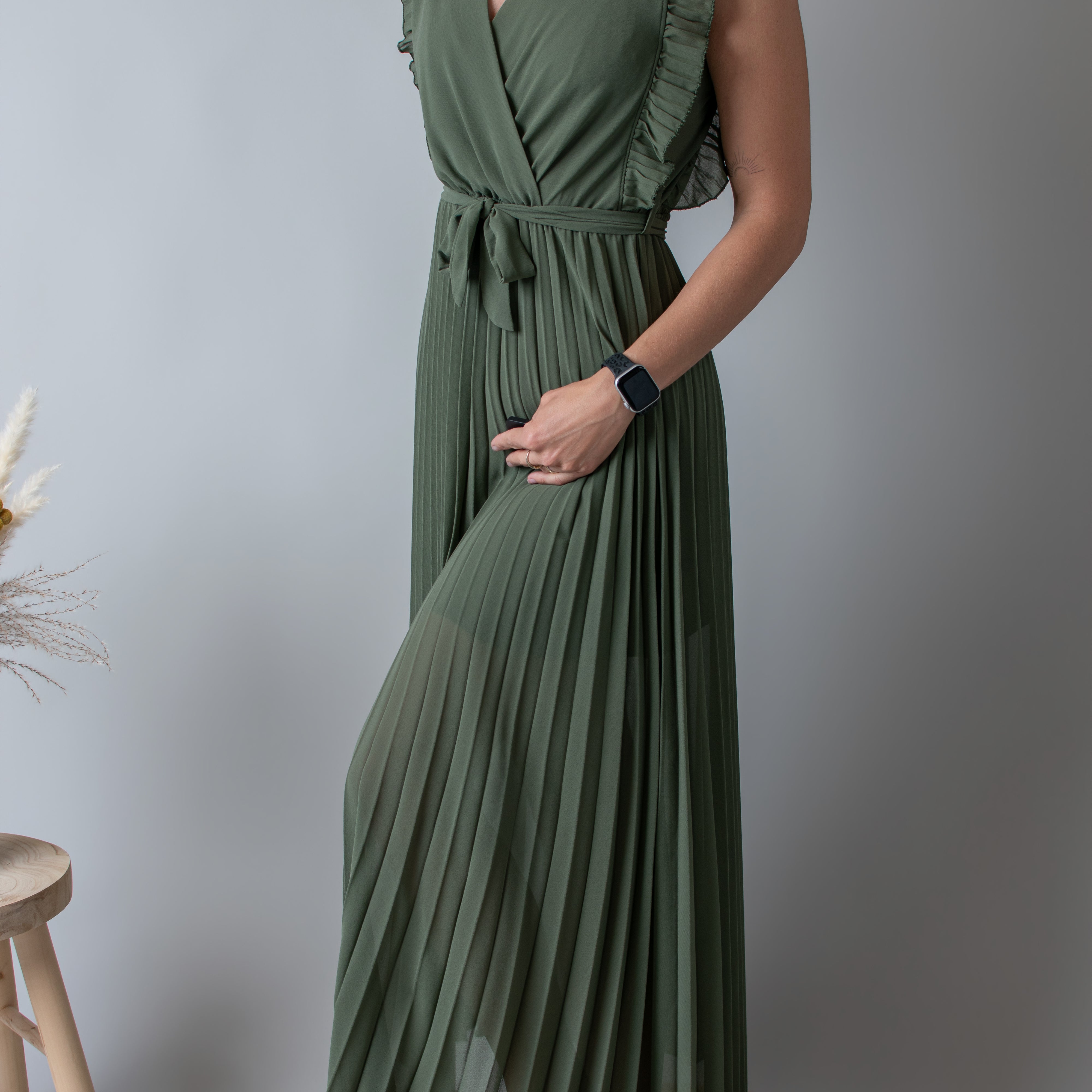 Robe longue plissée Kaki