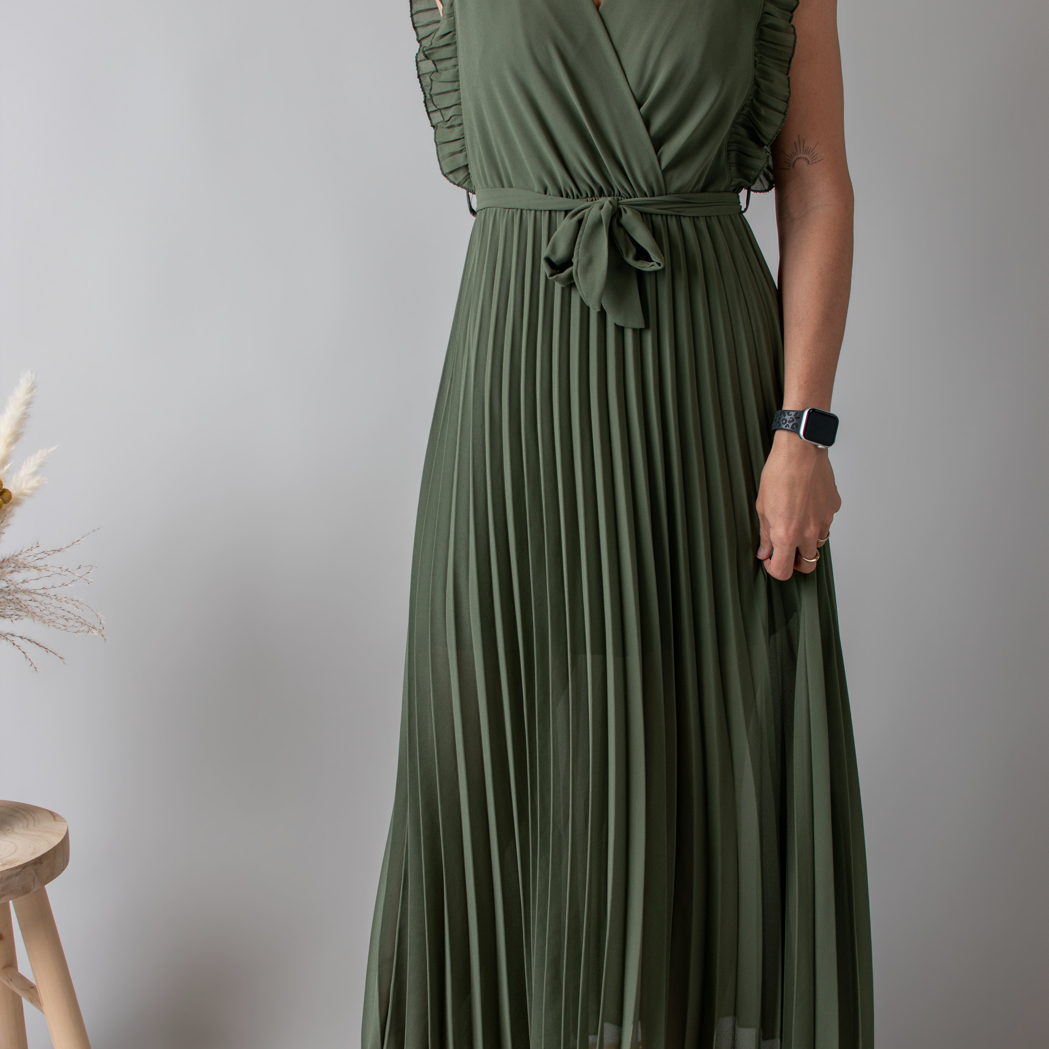 Robe longue plissée Kaki