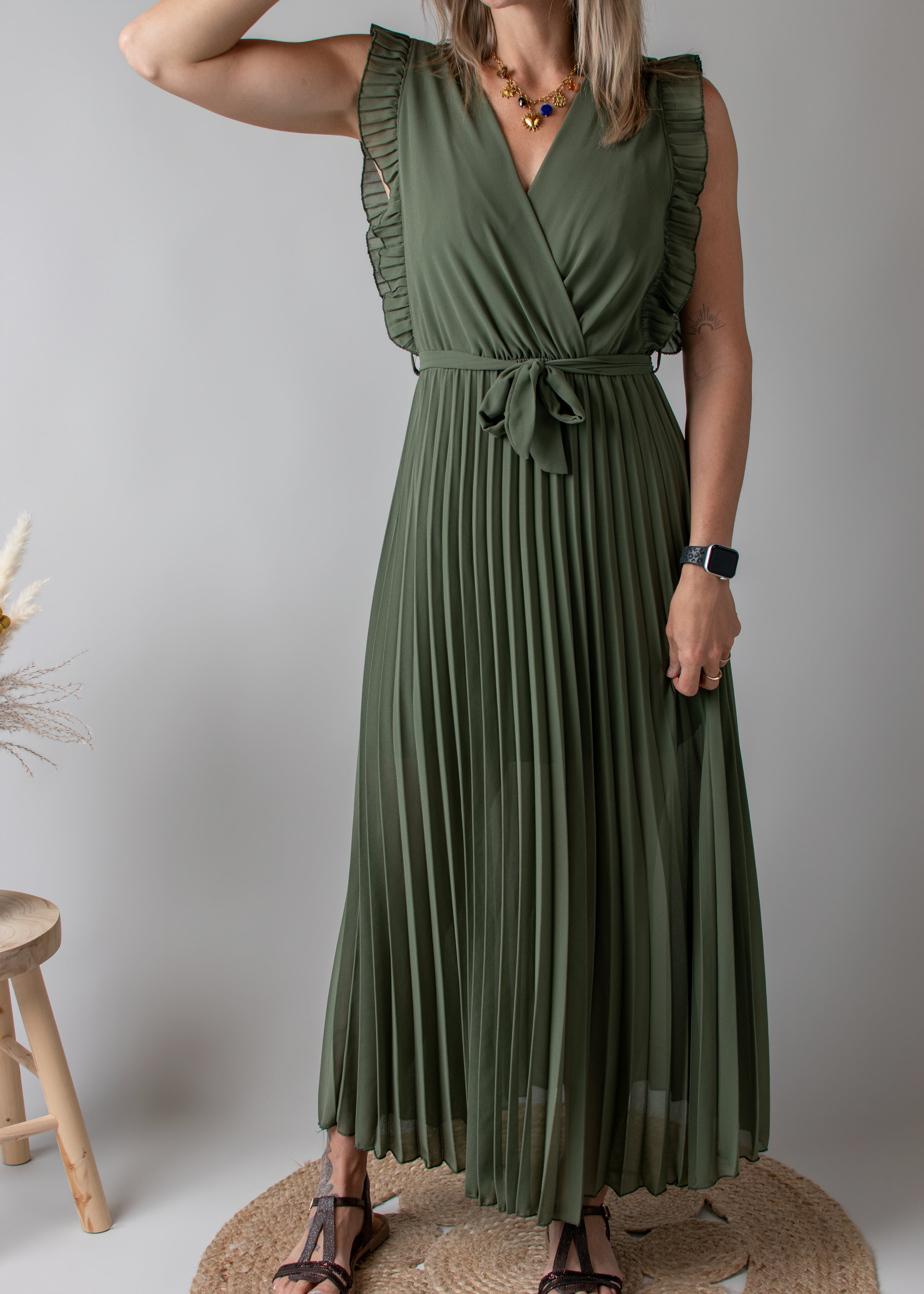 Robe longue plissée Kaki