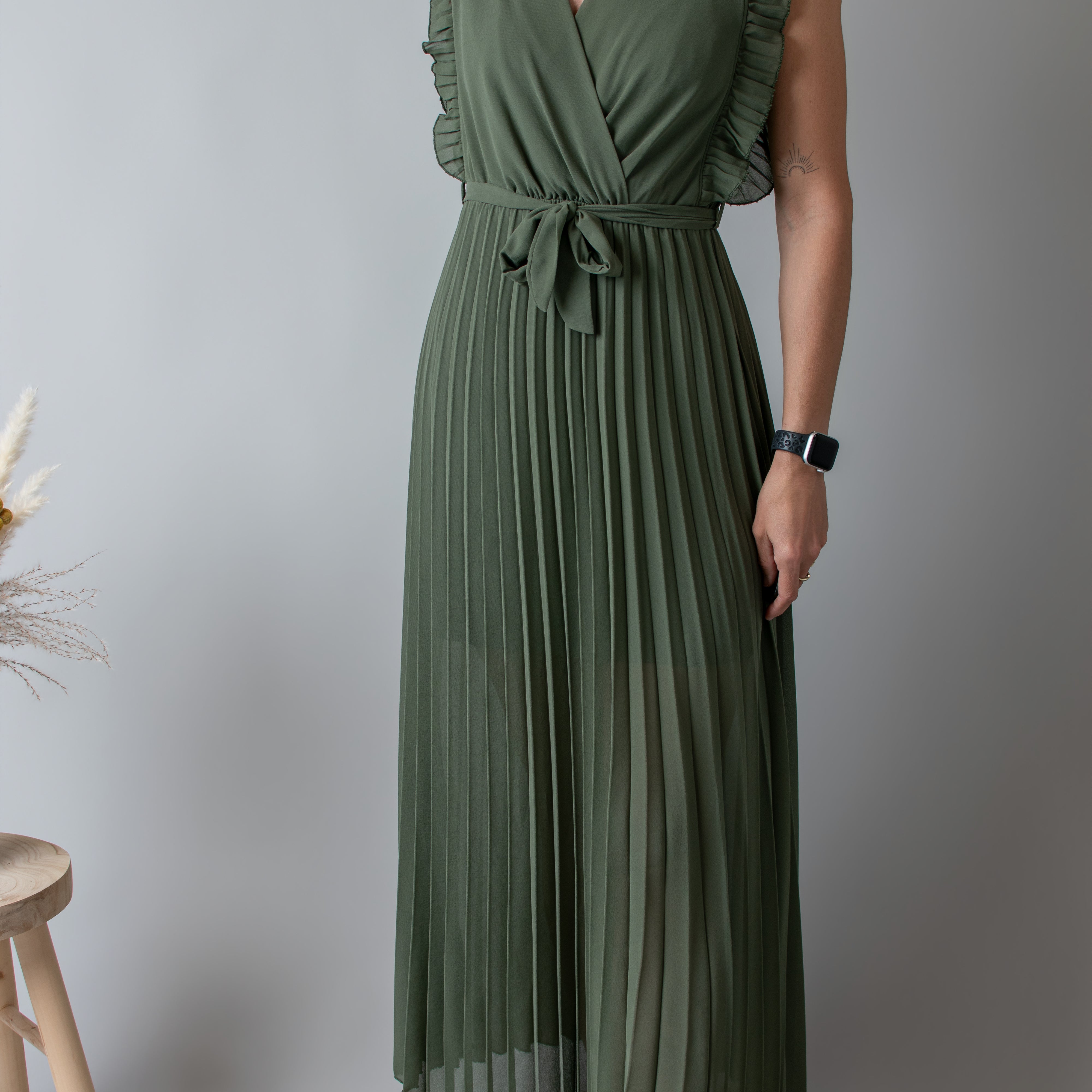 Robe longue plissée Kaki
