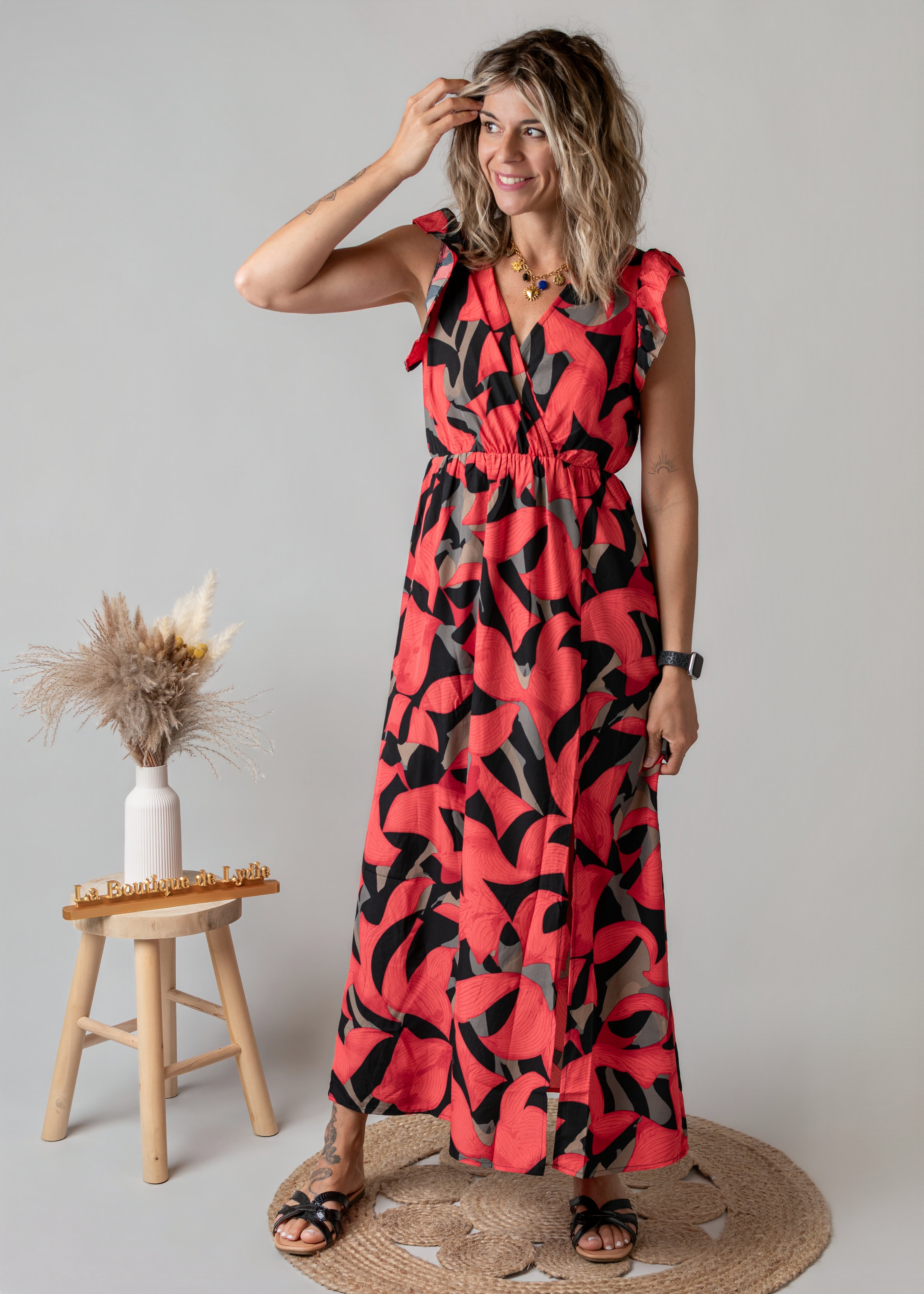 Robe Longue Fleurie Rouge & Noire la boutique de lydie